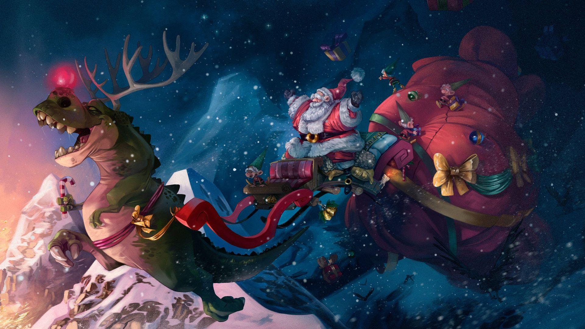 1920x1080 Wallpaper of Christmas, Dinosaur, Santa, Tyrannosaurus Rex