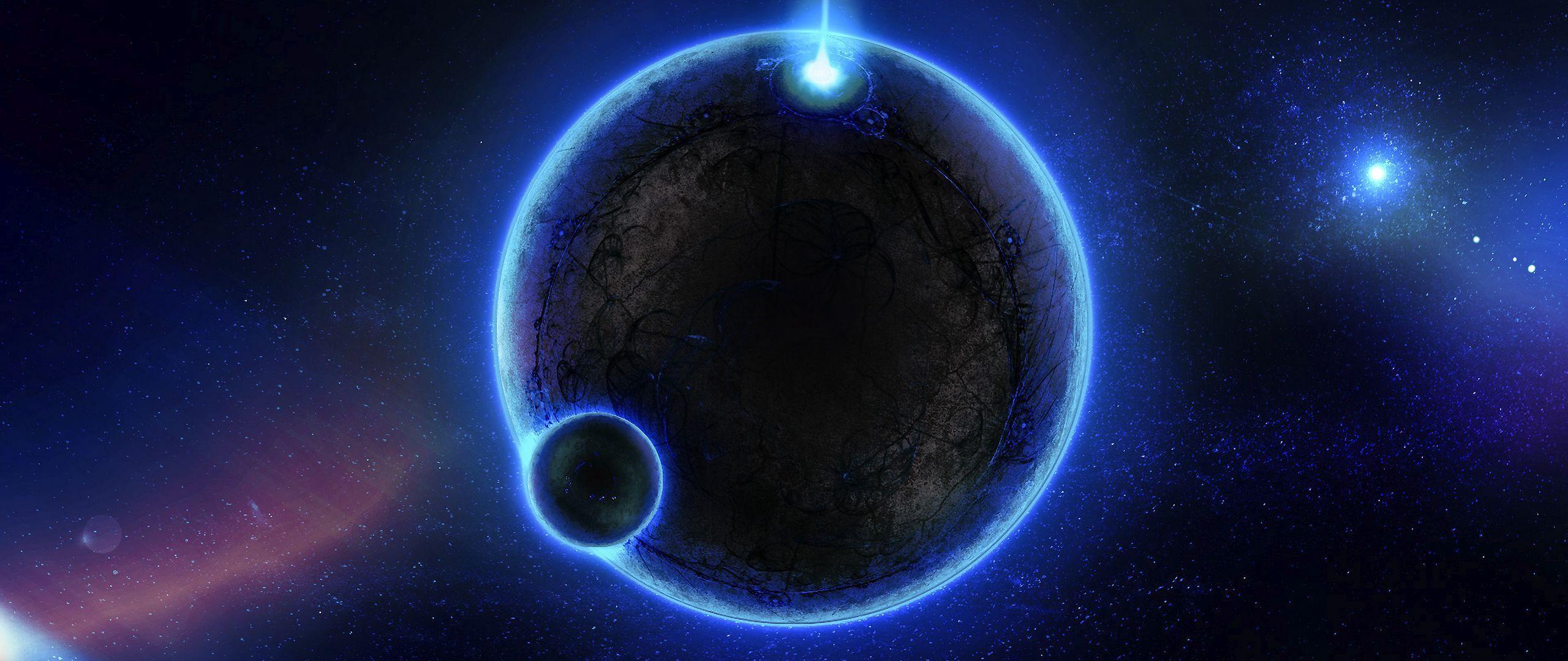 2560x1080 Download wallpaper 2560x1080 planet, glow, blue, light, space dual