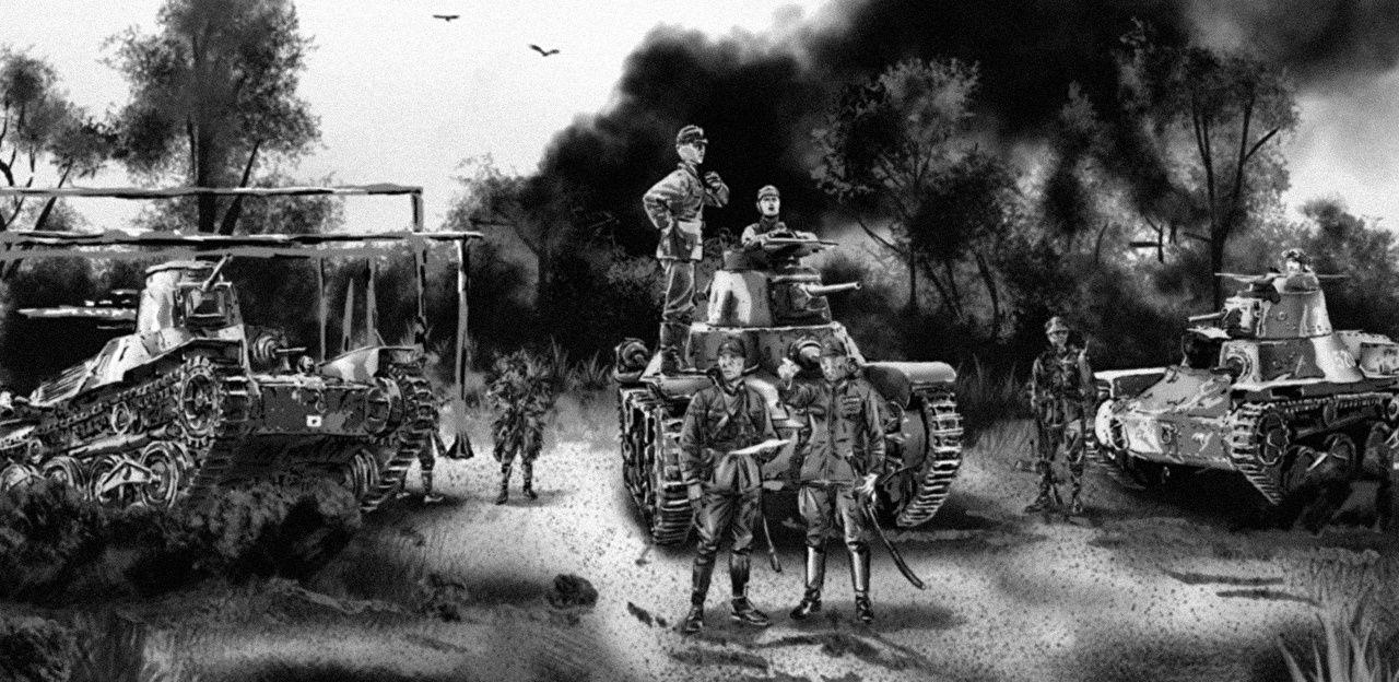 1280x624 Desktop Wallpaper tank soldier Japanese Black and white Painting