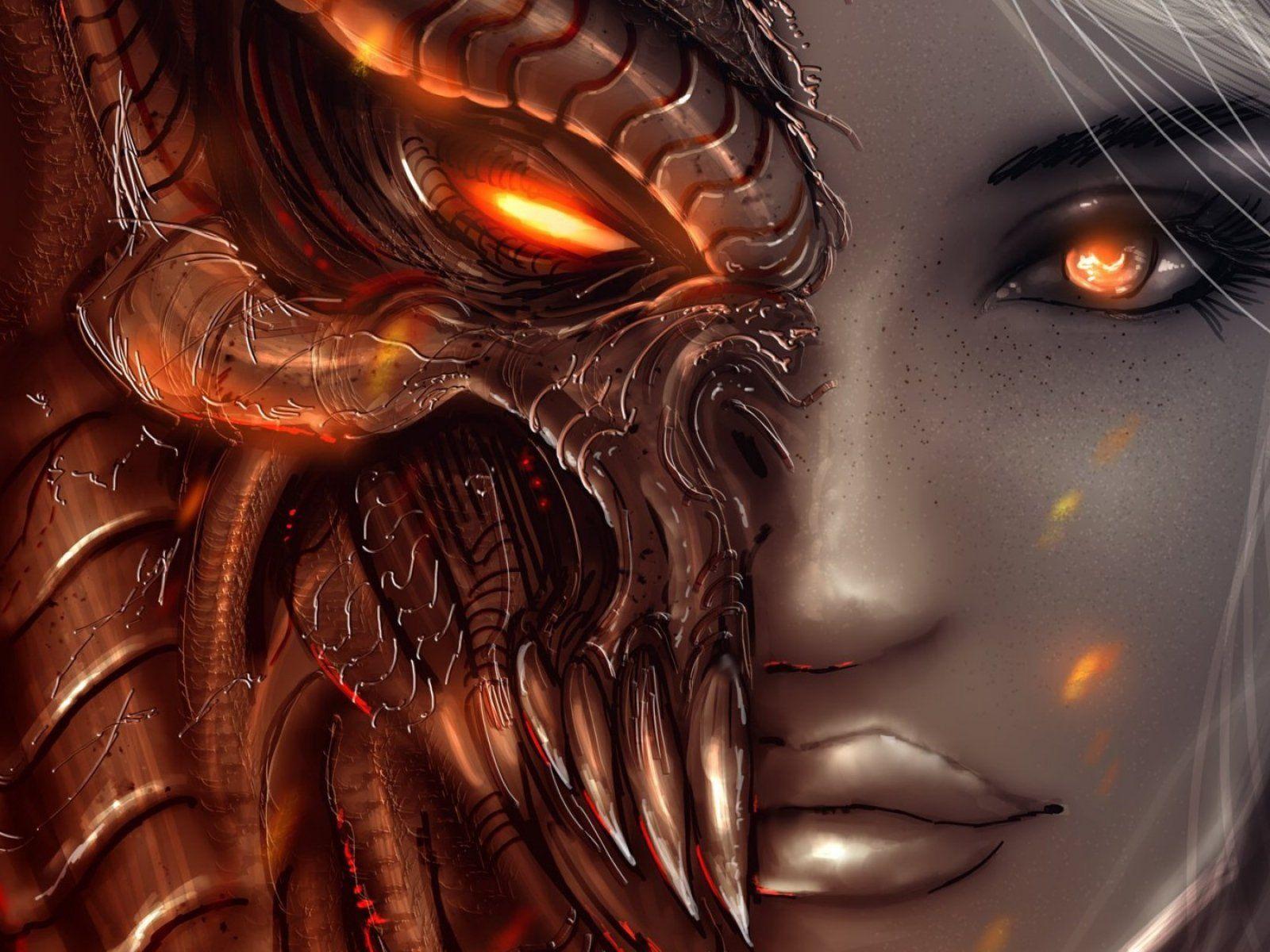 1600x1200 arts, Faces, Diablo, Girl, Angel, Demon, Eyes Wallpaper HD