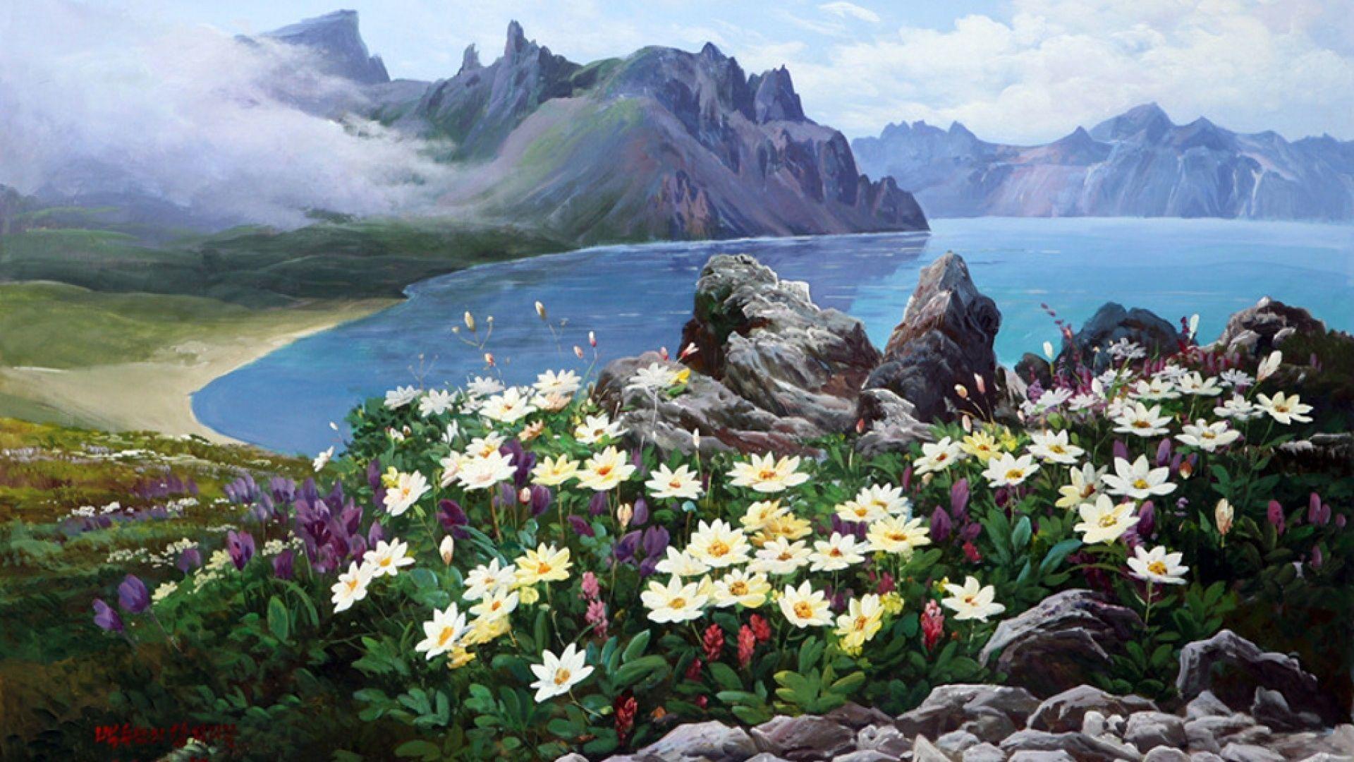 1920x1080 Mountain Lake White Flowers desktop PC and Mac wallpaper