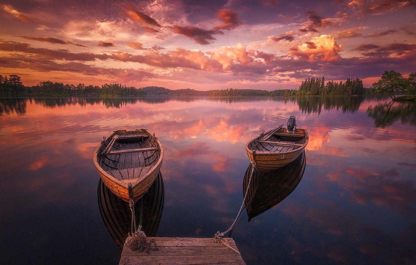 1332x850 Wallpaper forest, the sky, sunset, lake, boats, pier, Norway, chain image for desktop, section пейзажи
