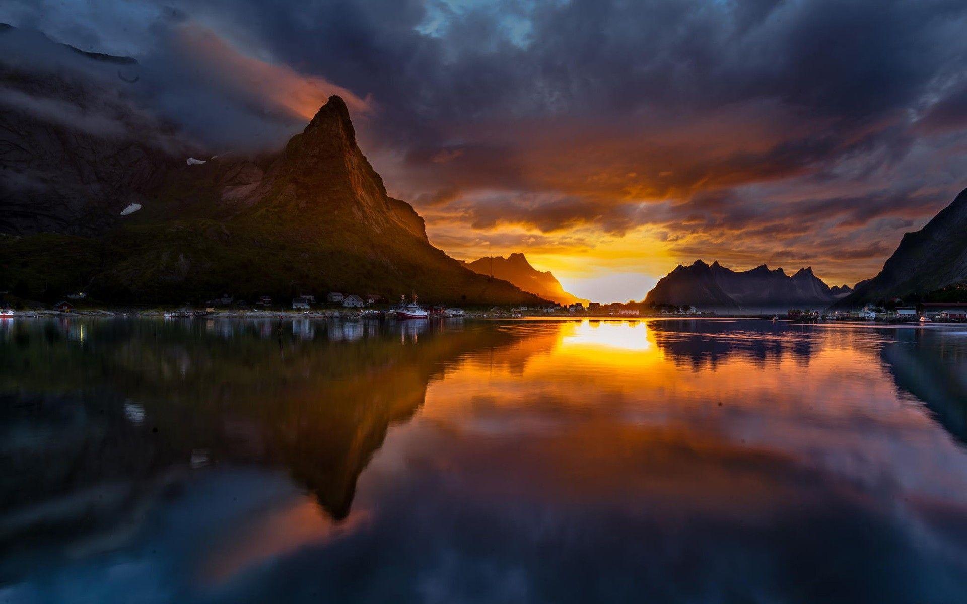1920x1200 #sunset, #Norway, #mountains, #reflection, #lake, #boat, wallpaper. Mocah.org HD Wallpaper