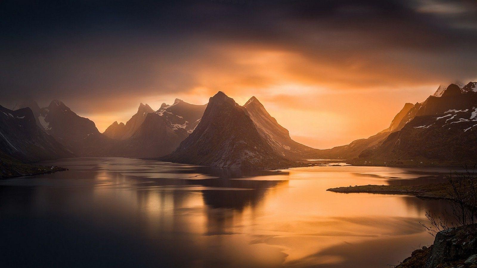 1600x900 nature, Landscape, Fjord, Sunset, Mountain, Island, Norway, Sky, Sea, Mist, Sunlight, Water, Lofoten Wallpaper HD / Desktop and Mobile Background