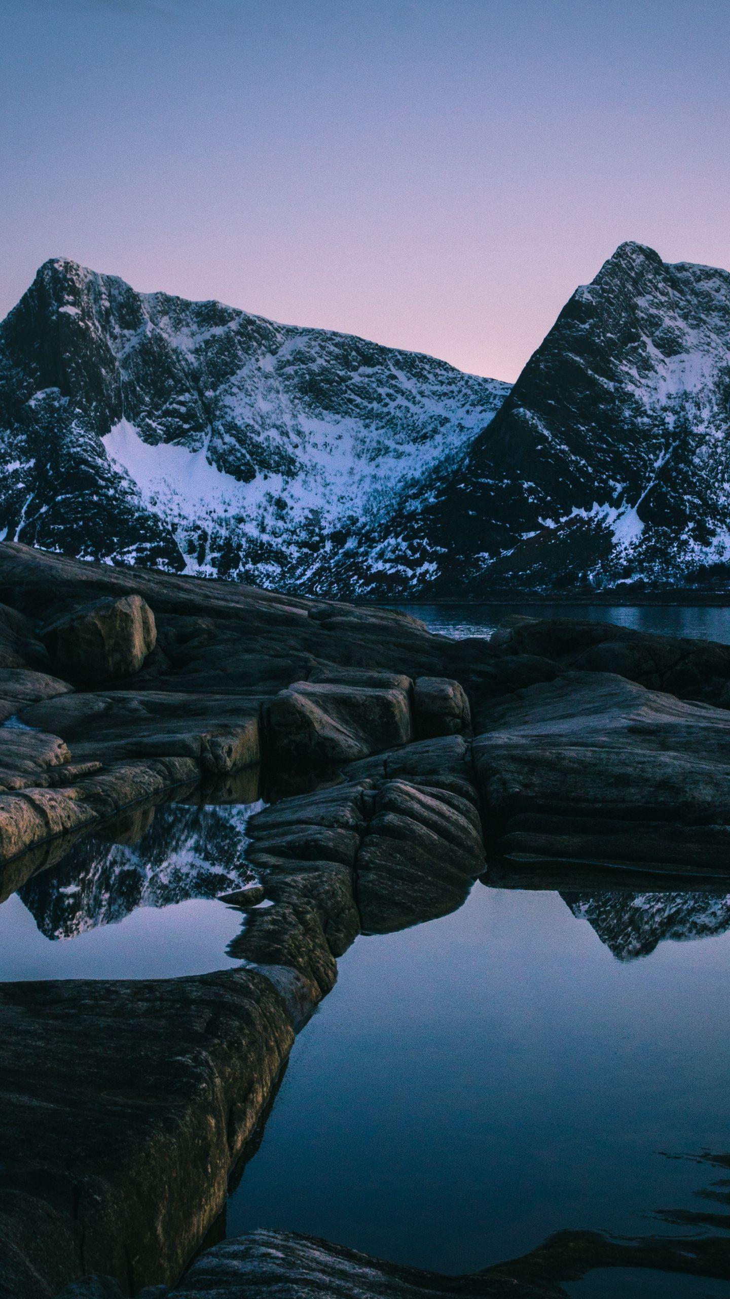 1440x2560 Download wallpaper 1440x2560 sunset, mountain, lake, snowy, norway qhd samsung galaxy s s edge, note, lg g4 HD background