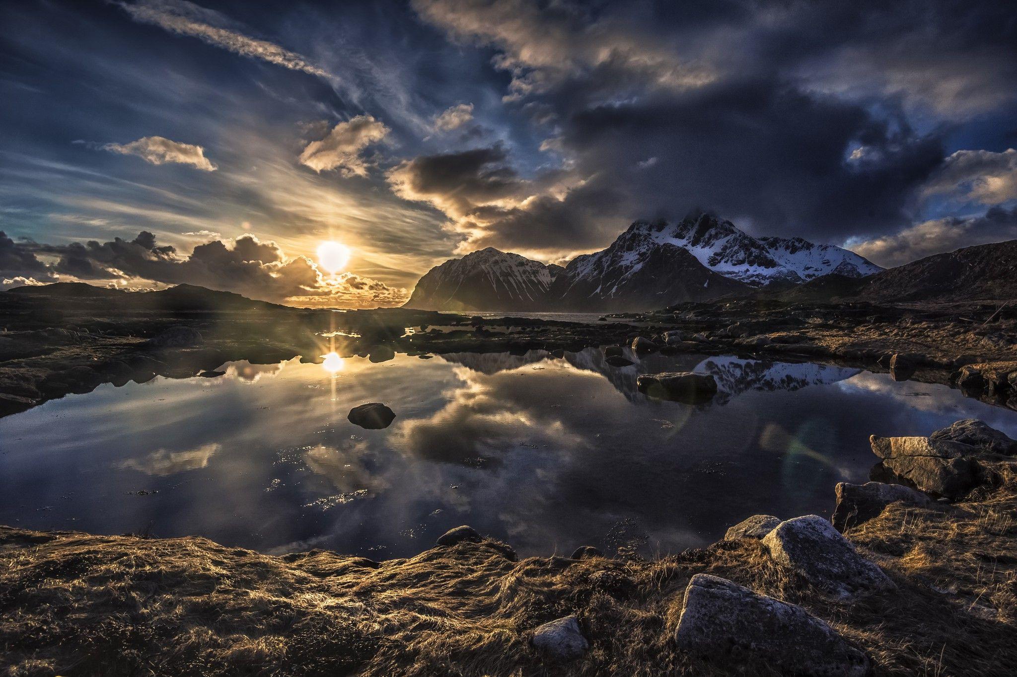 2048x1363 Lofoten, Norway, Sunset, Mountain, Clouds, Lake, Snowy Peak, Water, Landscape, Nature Wallpaper HD / Desktop and Mobile Background