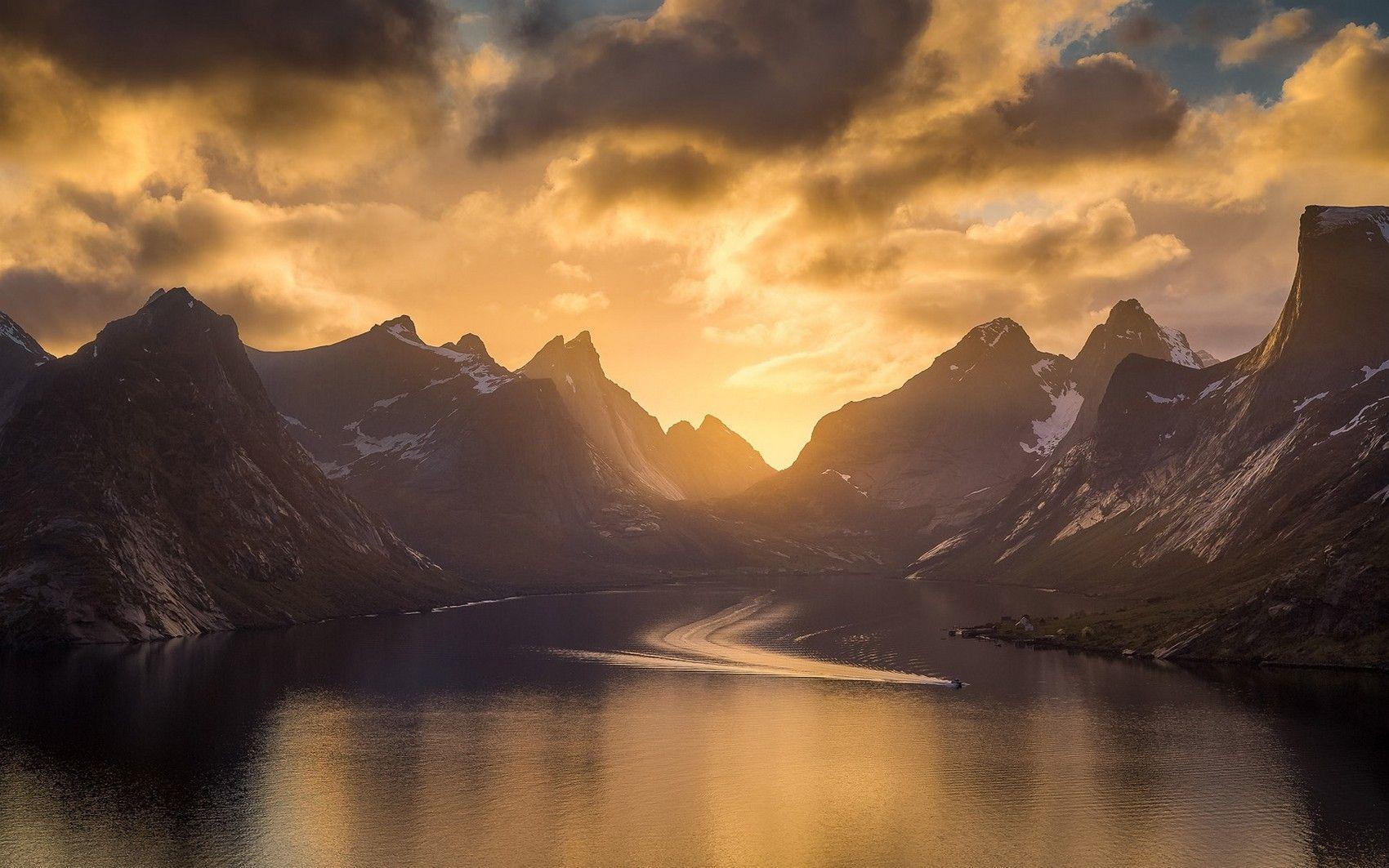 1700x1063 #clouds, #nature, #mountains, #snowy peak, #sky, #sunset, #fjord, #island, #sea, #Norway, #landscape, wallpaper. Mocah.org HD Wallpaper