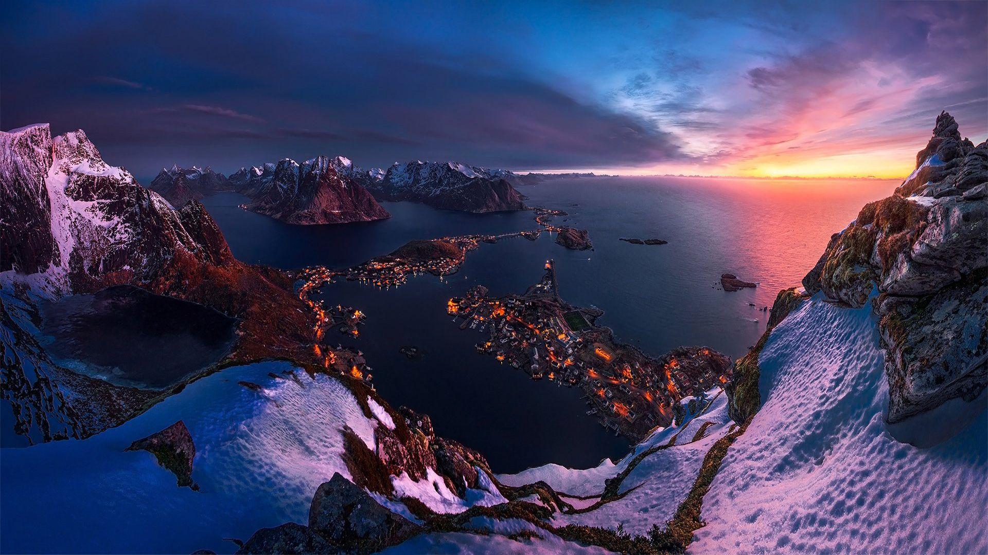 1920x1080 Lofoten Norway Sunset Twilight Over The Horizon Winter Landscape Desktop HD Wallpaper Full Screen 1920x1080 :