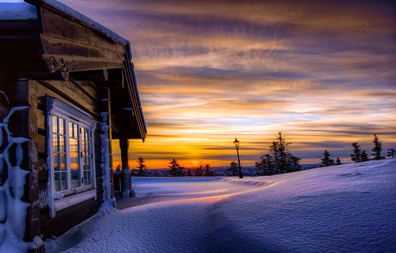 1332x850 Wallpaper winter, the sky, clouds, snow, trees, sunset, nature, house, hills, Norway, lantern, the snow image for desktop, section пейзажи