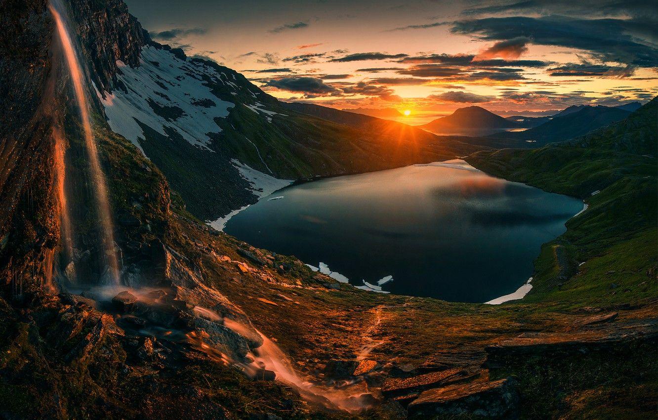 1332x850 Wallpaper Sunset, Sunrise, Mountains, Norway, Northern, Lake image for desktop, section пейзажи