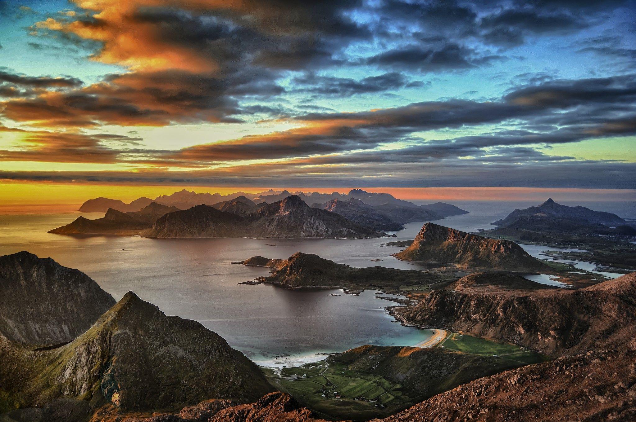 2048x1362 sunset, Island, Lofoten, Mountain, Norway, Clouds, Beach, Sea, Nature, Summer, Landscape Wallpaper HD / Desktop and Mobile Background
