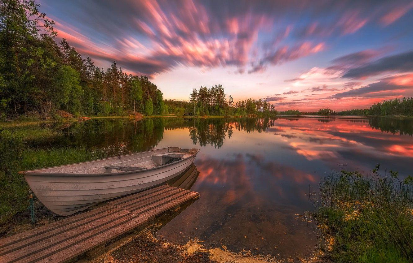 1332x850 Wallpaper landscape, sunset, nature, lake, boat, Norway, forest, Bank, Norway, mostok, Ringerike, Ole Henrik Skjelstad image for desktop, section пейзажи