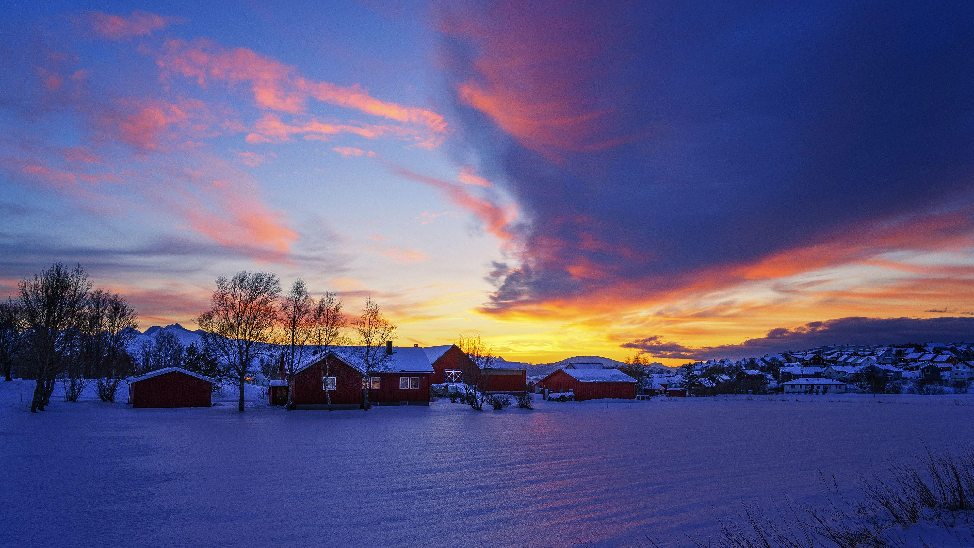 3840x2160 Photos Norway Nature Winter Sky Snow Sunrises and sunsets 3840x2160