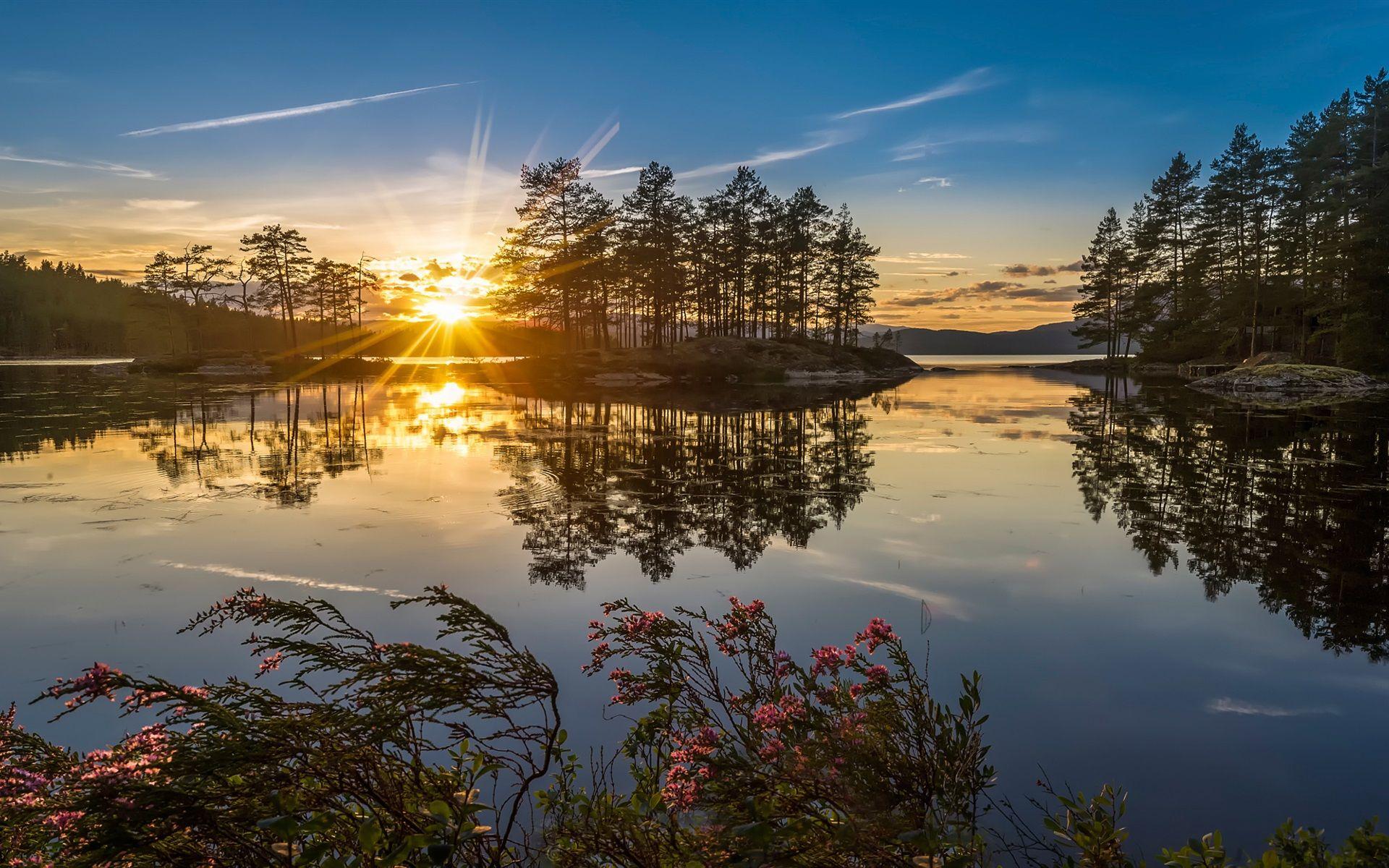 1920x1200 Wallpaper Norway nature sunset, lake, trees, sun rays 1920x1200 HD Picture, Image