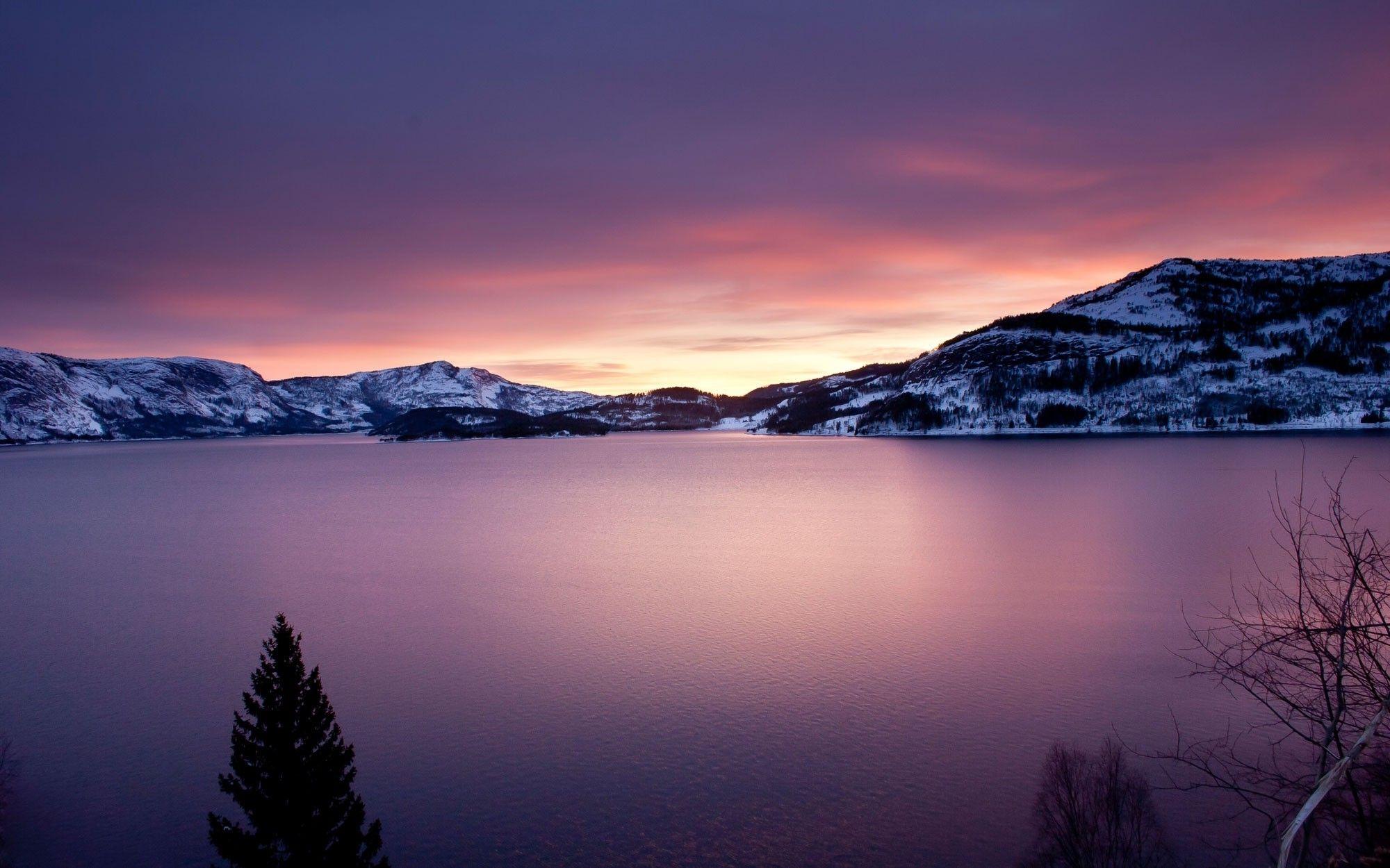 2000x1250 nature, Landscape, Mountain, Snow, Winter, Norway, Sunset, Trees, Forest, Water, Lake Wallpaper HD / Desktop and Mobile Background