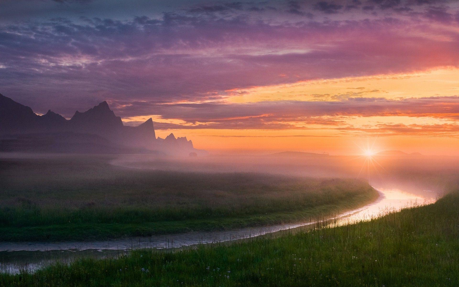 1920x1200 nature, Landscape, River, Midnight, Mist, Sky, Norway, Mountain, Summer, Clouds, Grass, Sunset, Europe Wallpaper HD / Desktop and Mobile Background