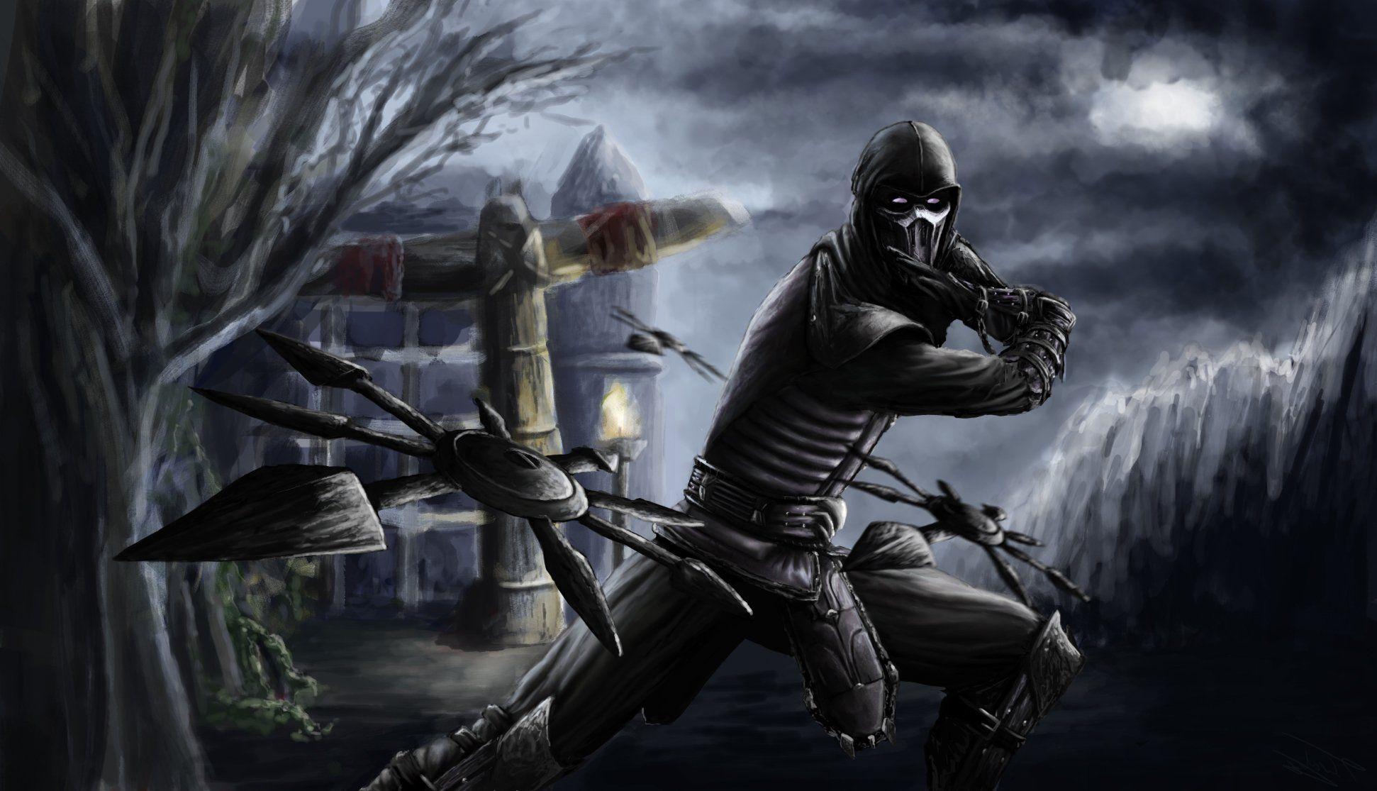 1942x1115 art noob saibot mortal kombat mask throw shuriken night HD wallpaper