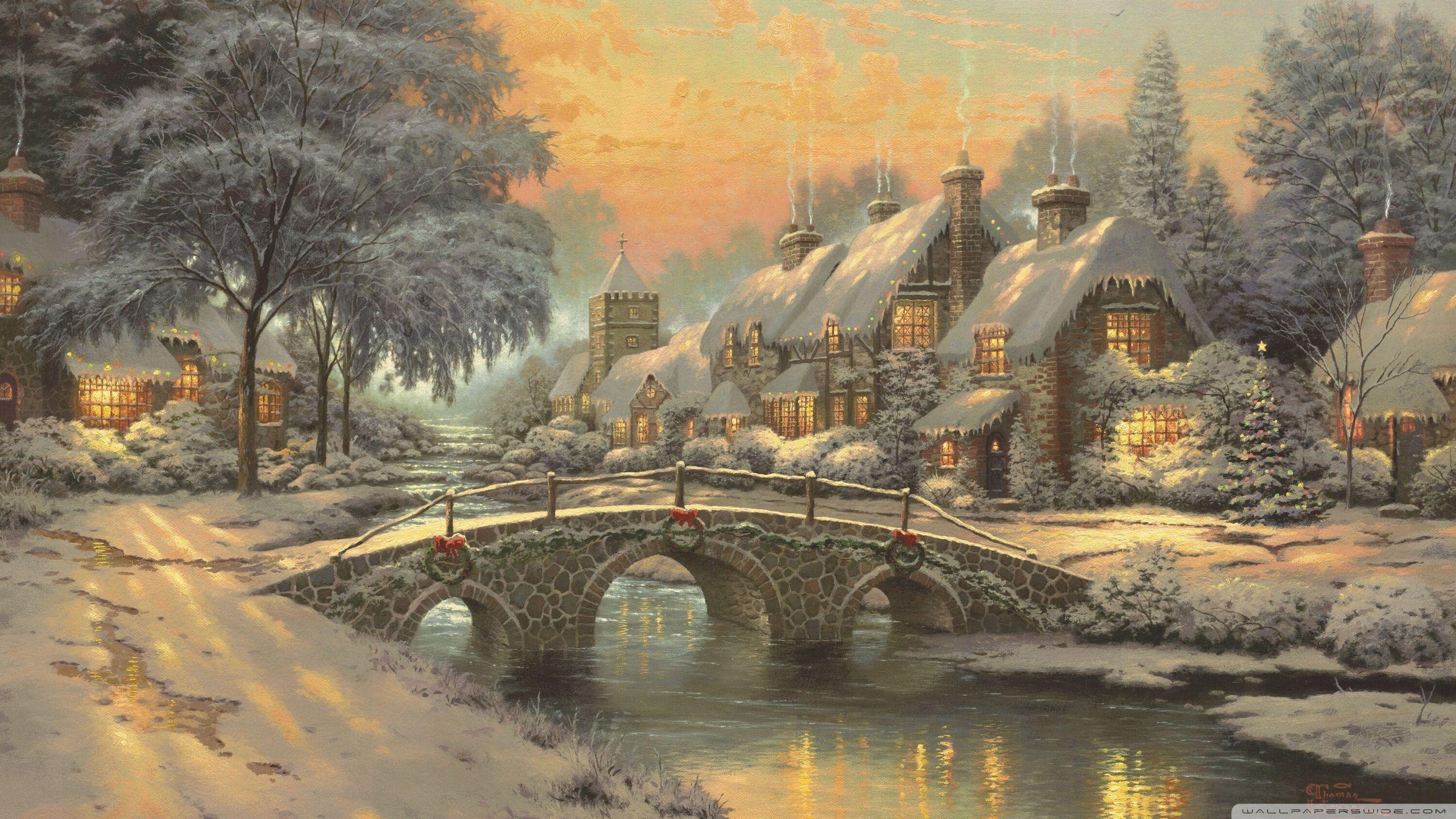 2560x1440 Classic Christmas Painting by Thomas Kinkade Ultra HD Desktop