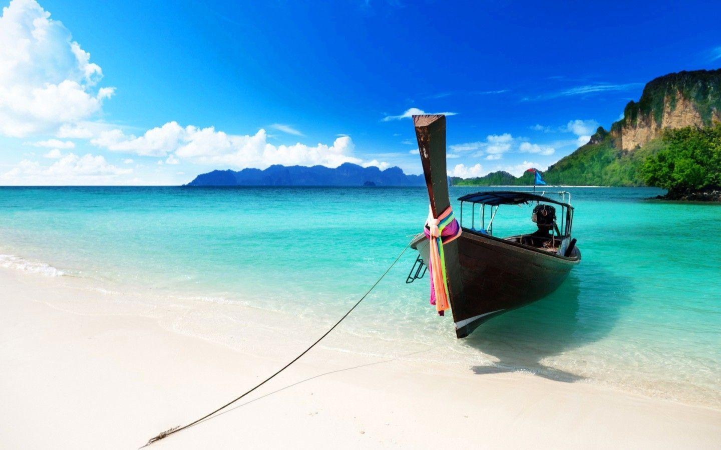 1440x900 caribbean beach boat wide HD wallpaper for background. Beach