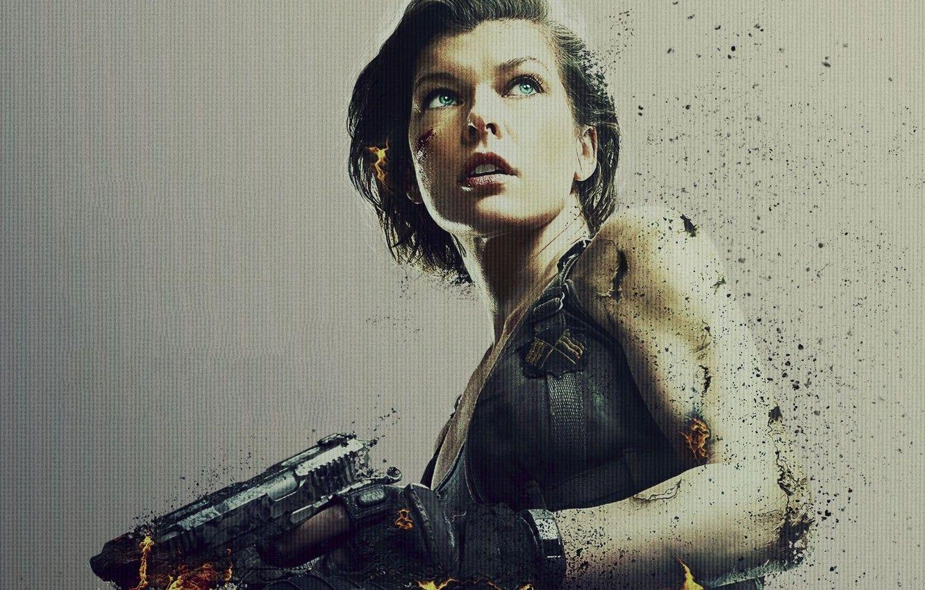 1332x850 Wallpaper cinema, fire, sake, flame, girl, zombie, gun, blood, pistol, weapon, woman, Resident Evil, Milla Jovovich, Alice, Umbrella, movie image for desktop, section фильмы