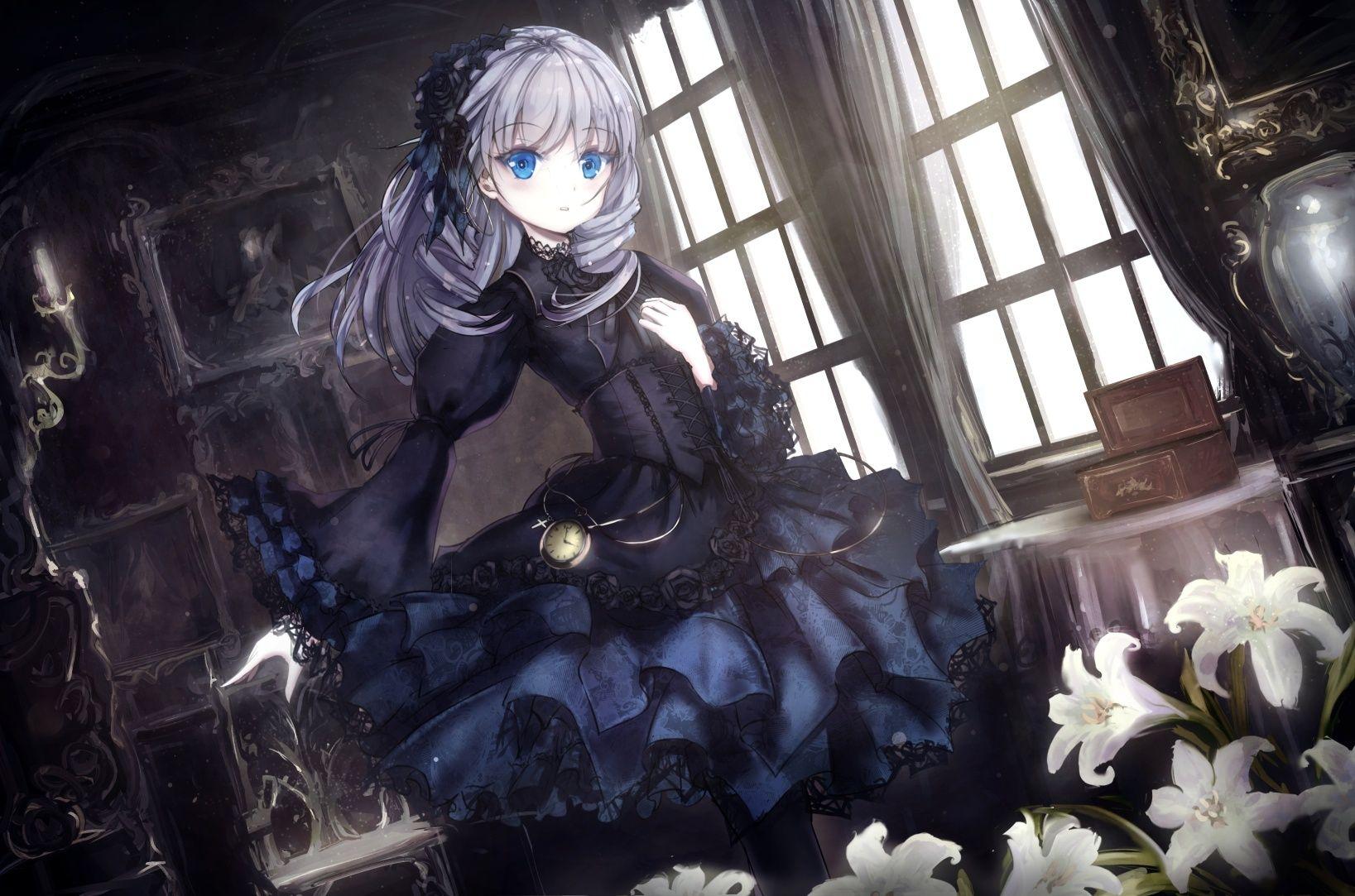 1637x1083 #eyes, #loli, #blue, #gothic, #white, #girl, #flowers, #hair, #Anime. Mocah HD Wallpaper