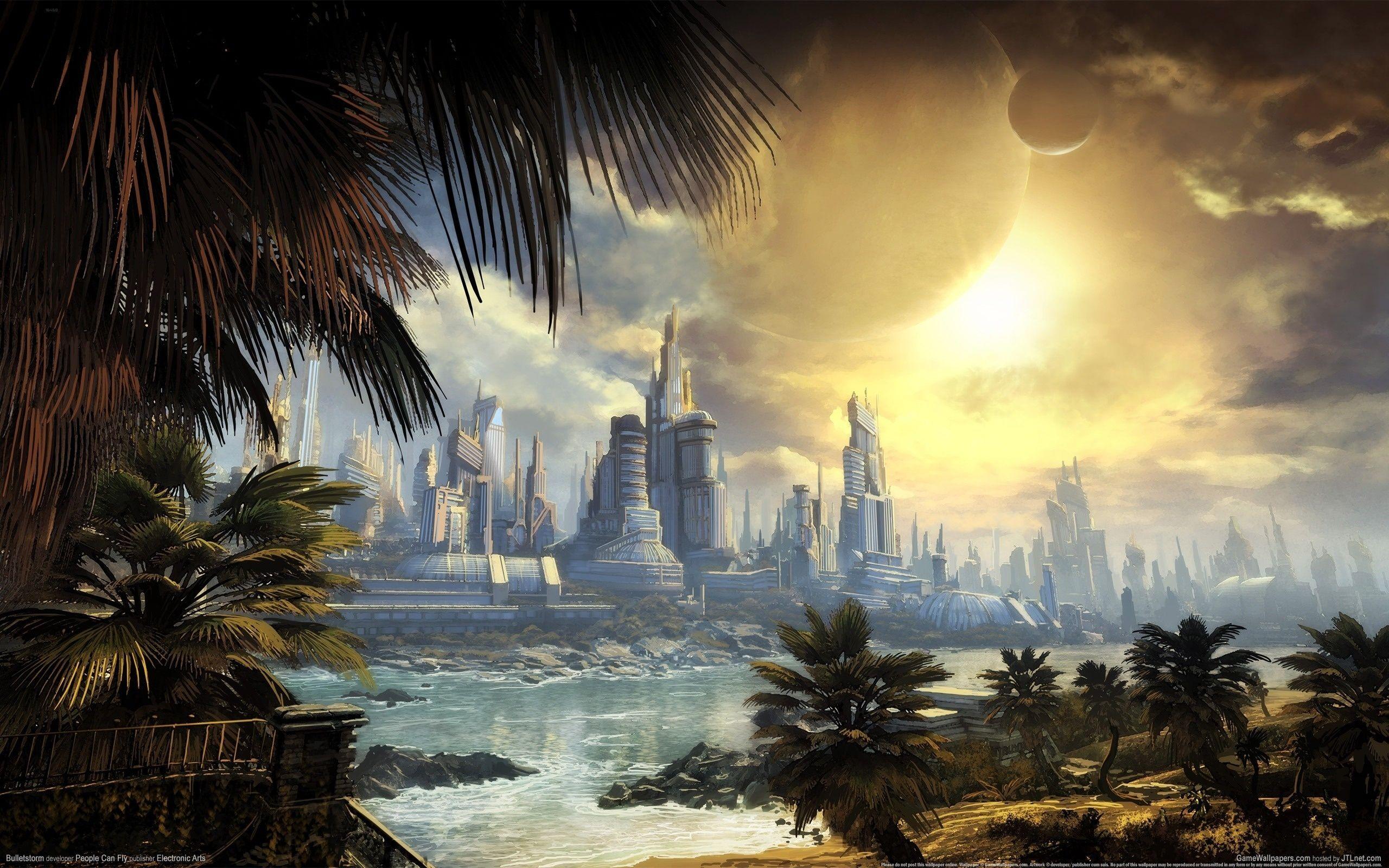 2560x1600 Wallpaper bulletstorm, art, future, city, river, palm, skyscraper