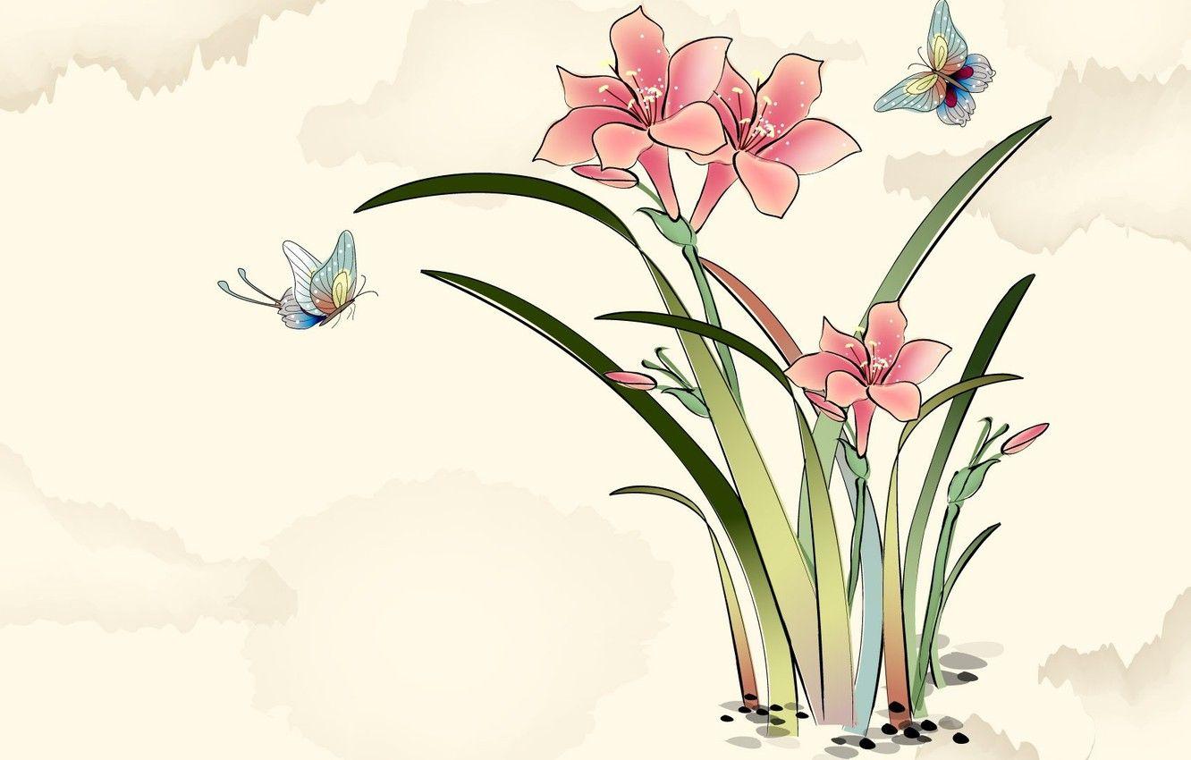 1332x850 Wallpaper flowers, butterfly, art, watercolor image for desktop