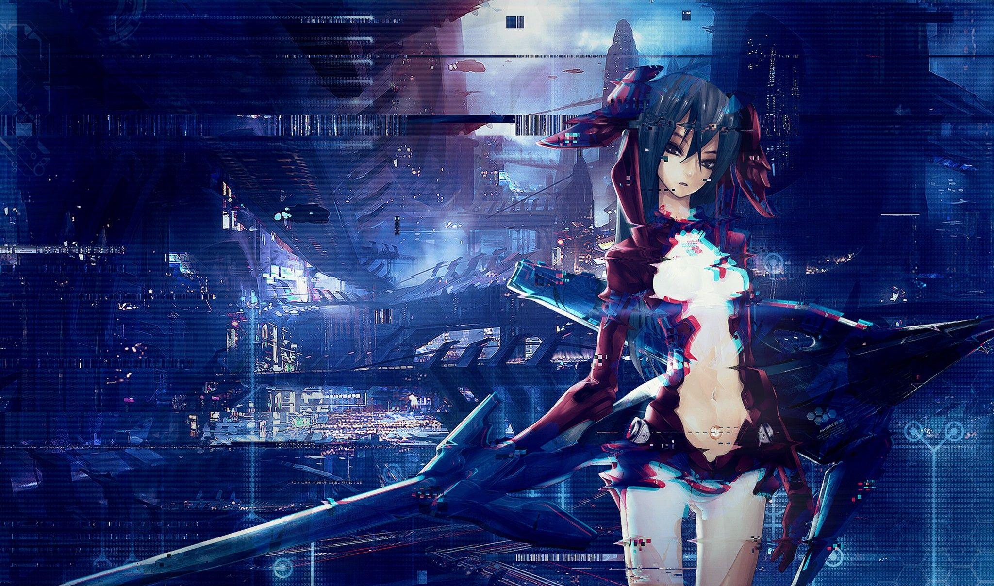 2048x1208 #anime, #glitch art, #anime girls, wallpaper.