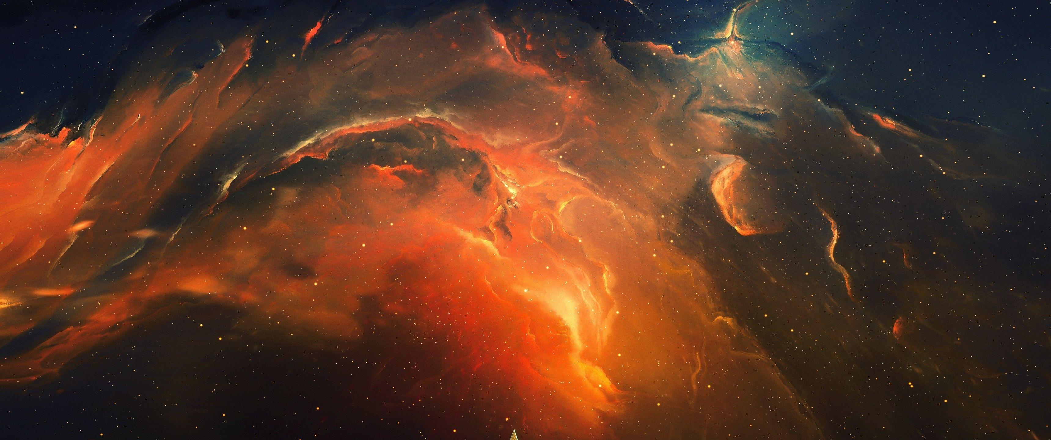 3440x1440 Download 3440x1440 Orange Nebula, Galaxy, Stars, Digital Art Wallpaper