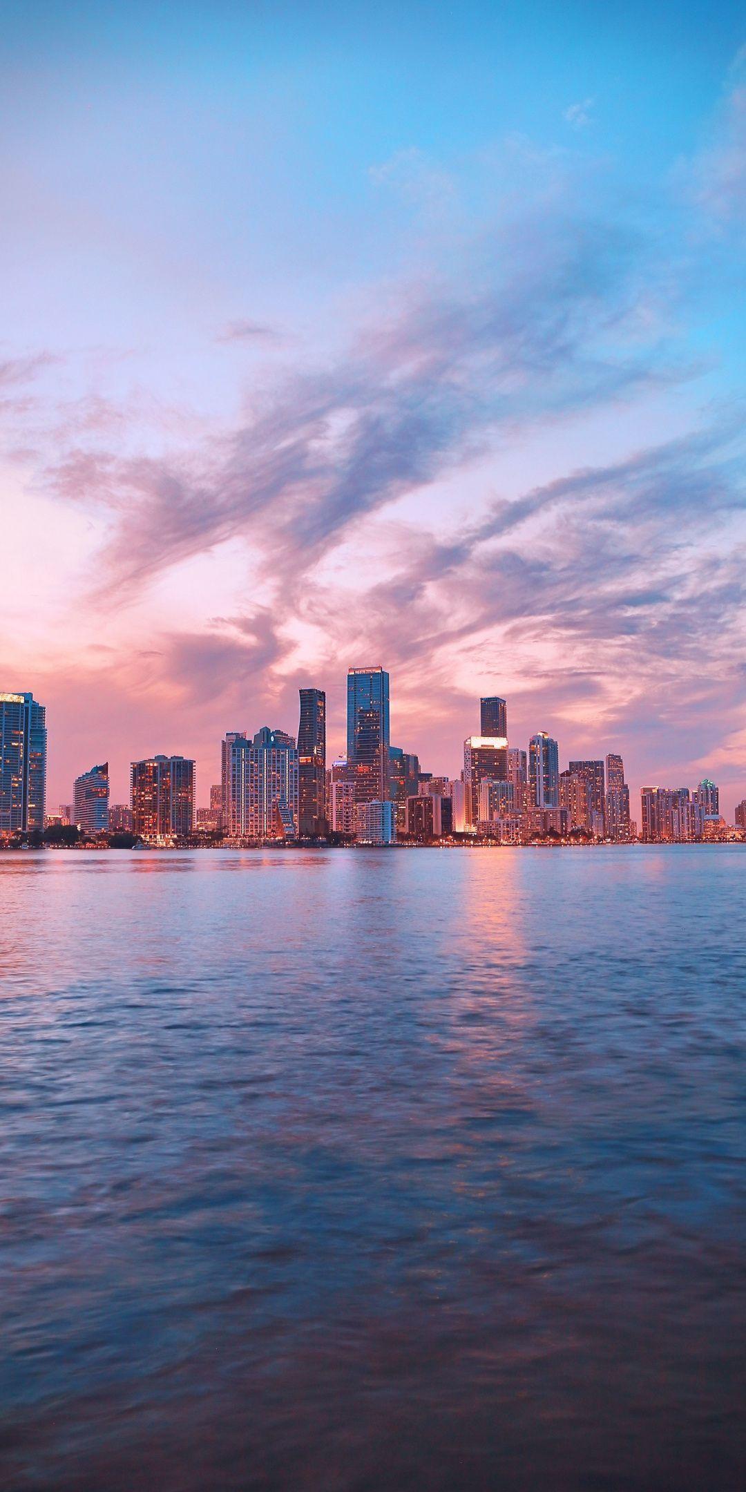 1080x2160 Rickenbacker Causeway, buildings, sunset, night, USA, 1080x2160