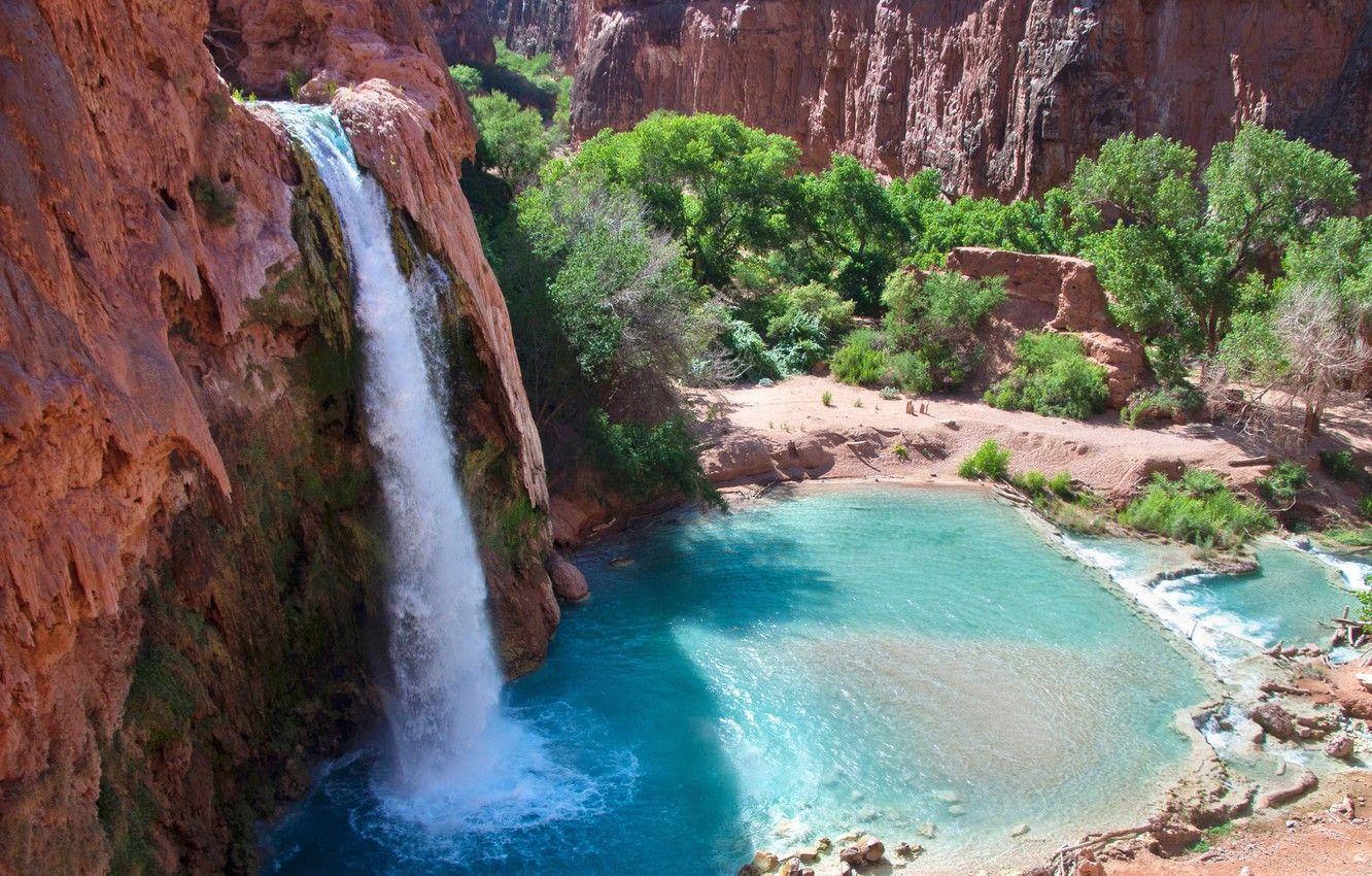 1332x850 Wallpaper lake, rocks, waterfall, AZ, light, Arizona, havasu falls, HAVASUPAI image for desktop, section природа