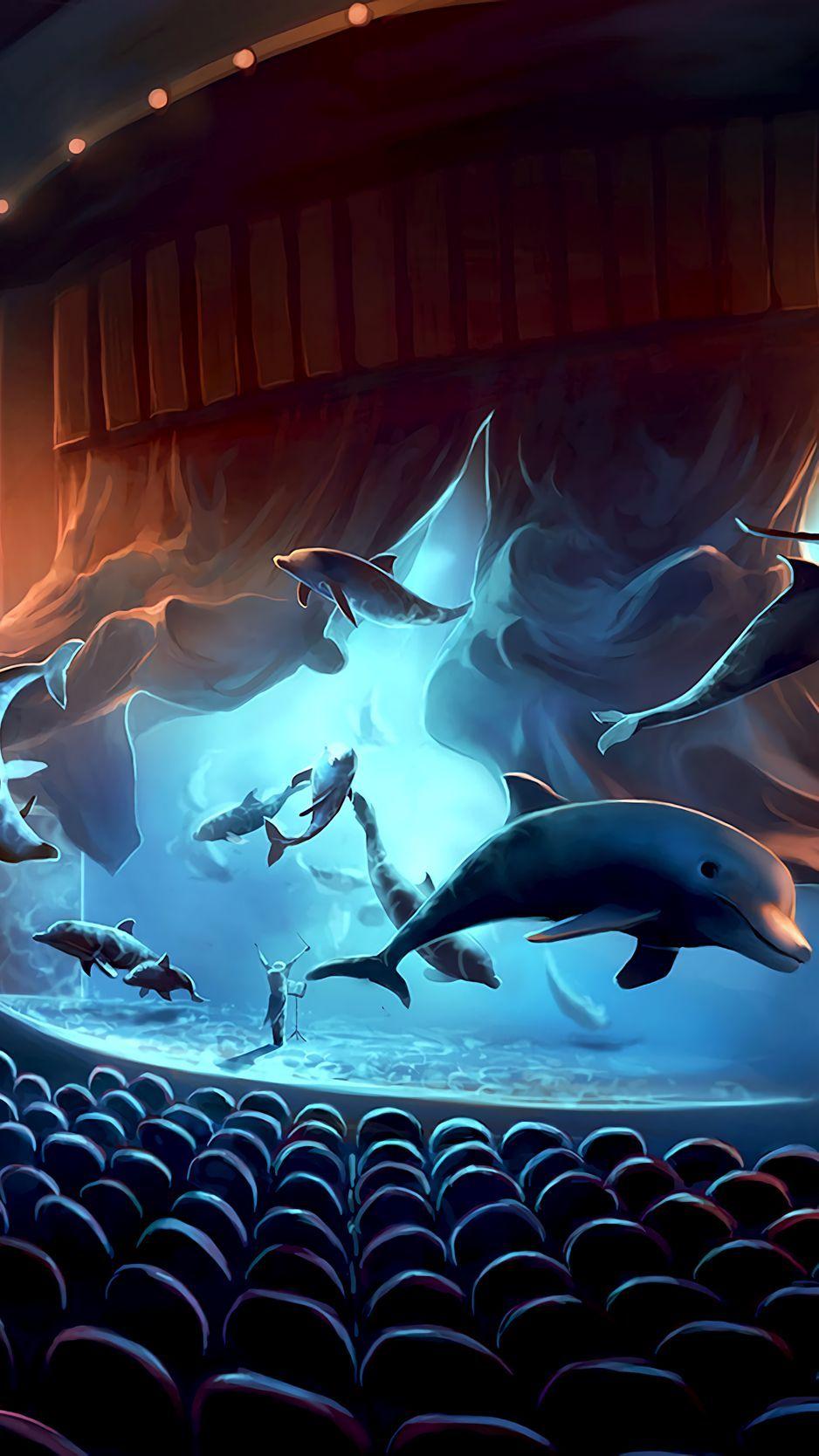 938x1668 Download wallpaper 938x1668 dolphins, concert, surrealism