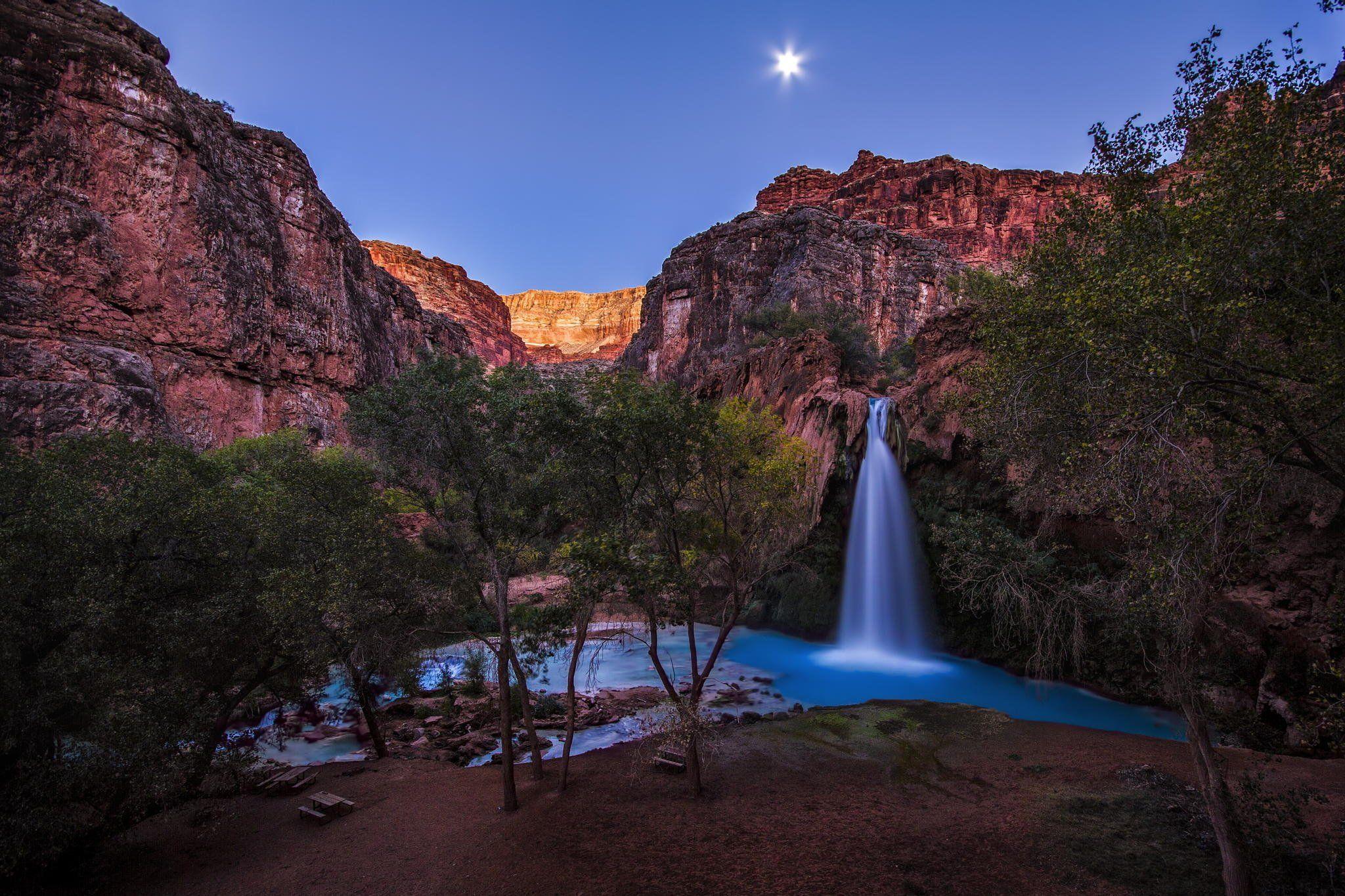 2048x1365 Grand Canyon Havasu Falls Havasupai Reservation Arizona sky stars rocks waterfall pond trees aquamarine sandstone nature landscape wallpaperx1365