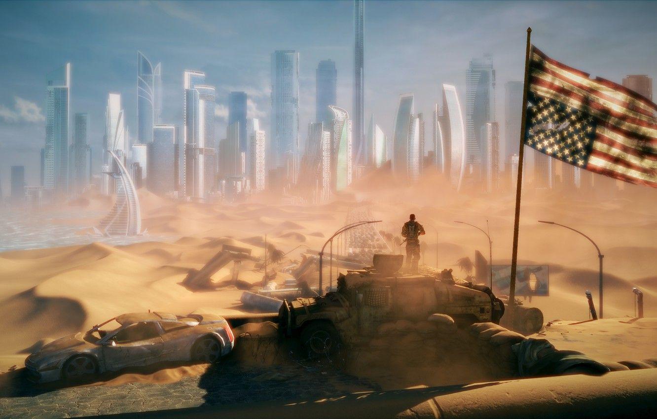 1332x850 Wallpaper the city, Apocalypse, desert, hammer, flag, America, USA