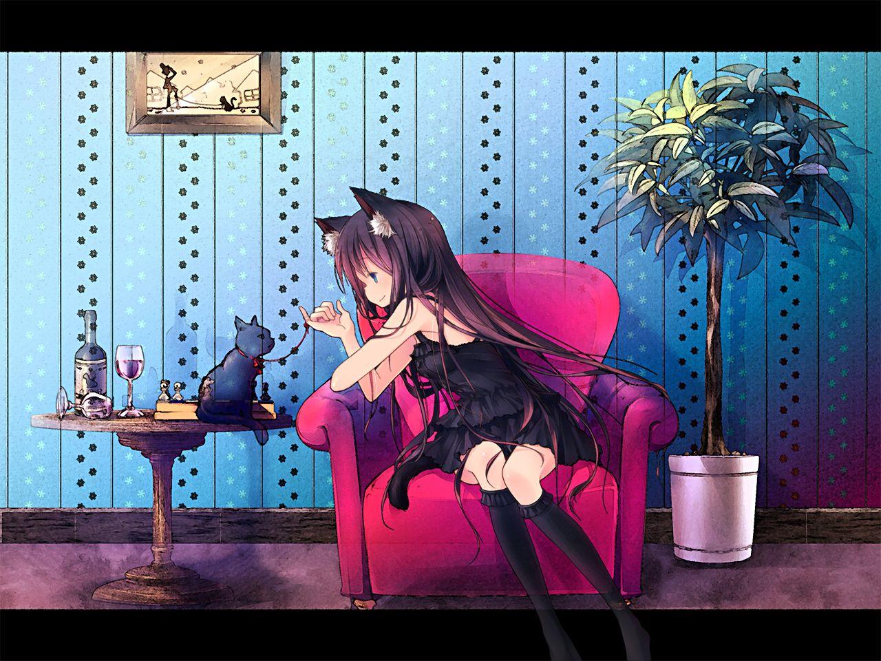 1280x960 animal animal ears blue eyes brown hair cat catgirl kneehighs long