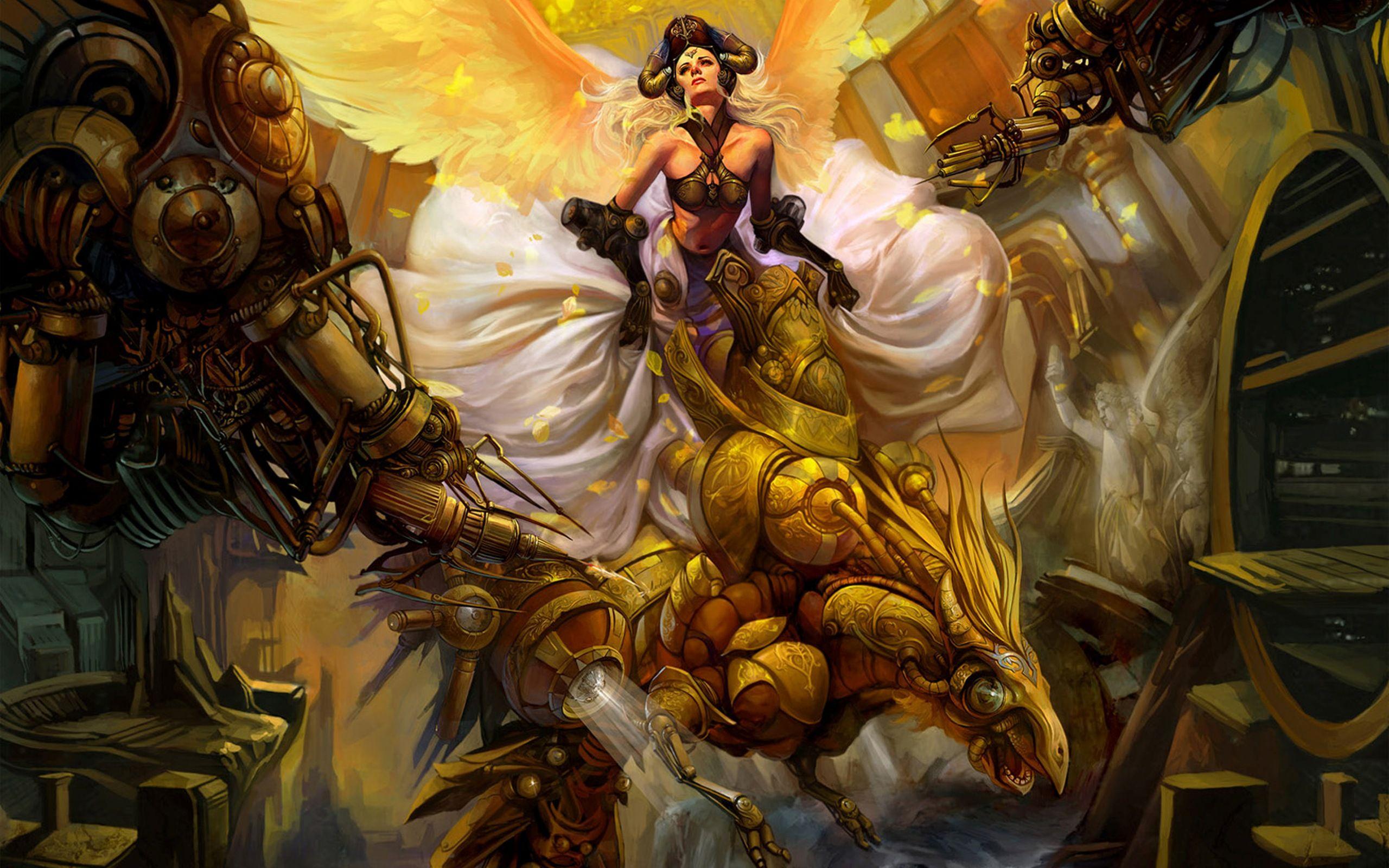 2560x1600 Fantasy Robo Warrior Woman and Robot Dragon Wallpaper​-Quality Free Image and Transparent PNG Clipart
