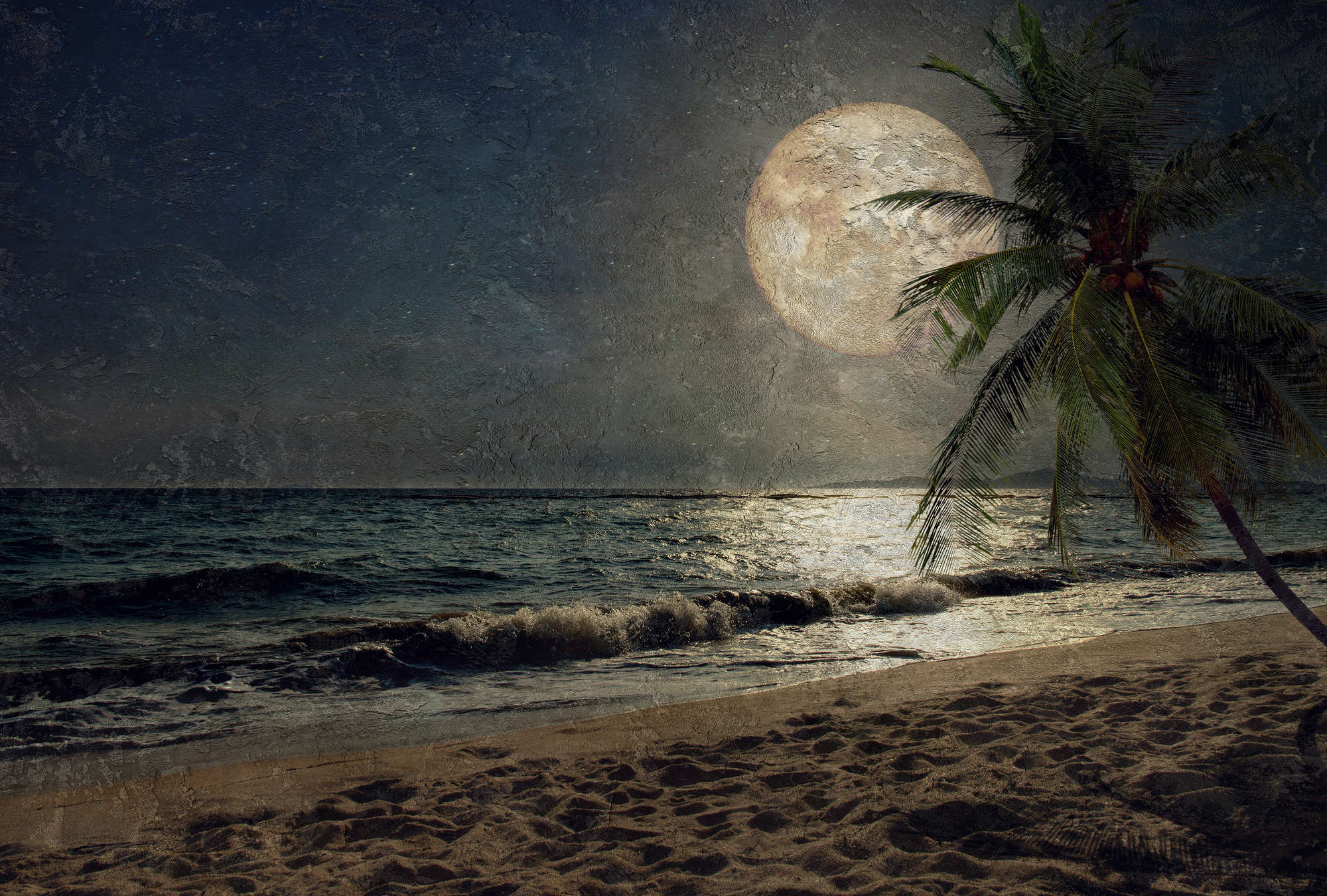 2000x1350 Art style beach, sea view & moon mural, brown, blue