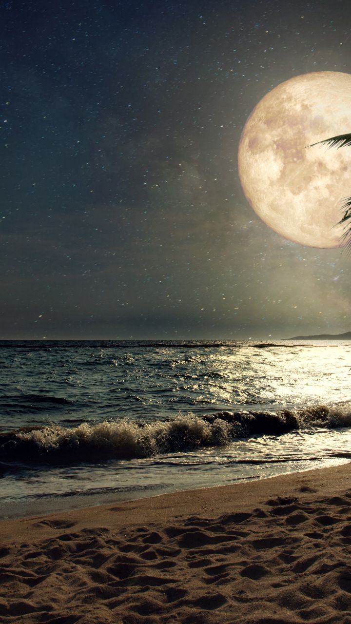720x1280 Moon Break Wallpaper Download. Beach with ocean and moon, Beach and moon wallpaper, Moonlight beach wallpaper hd