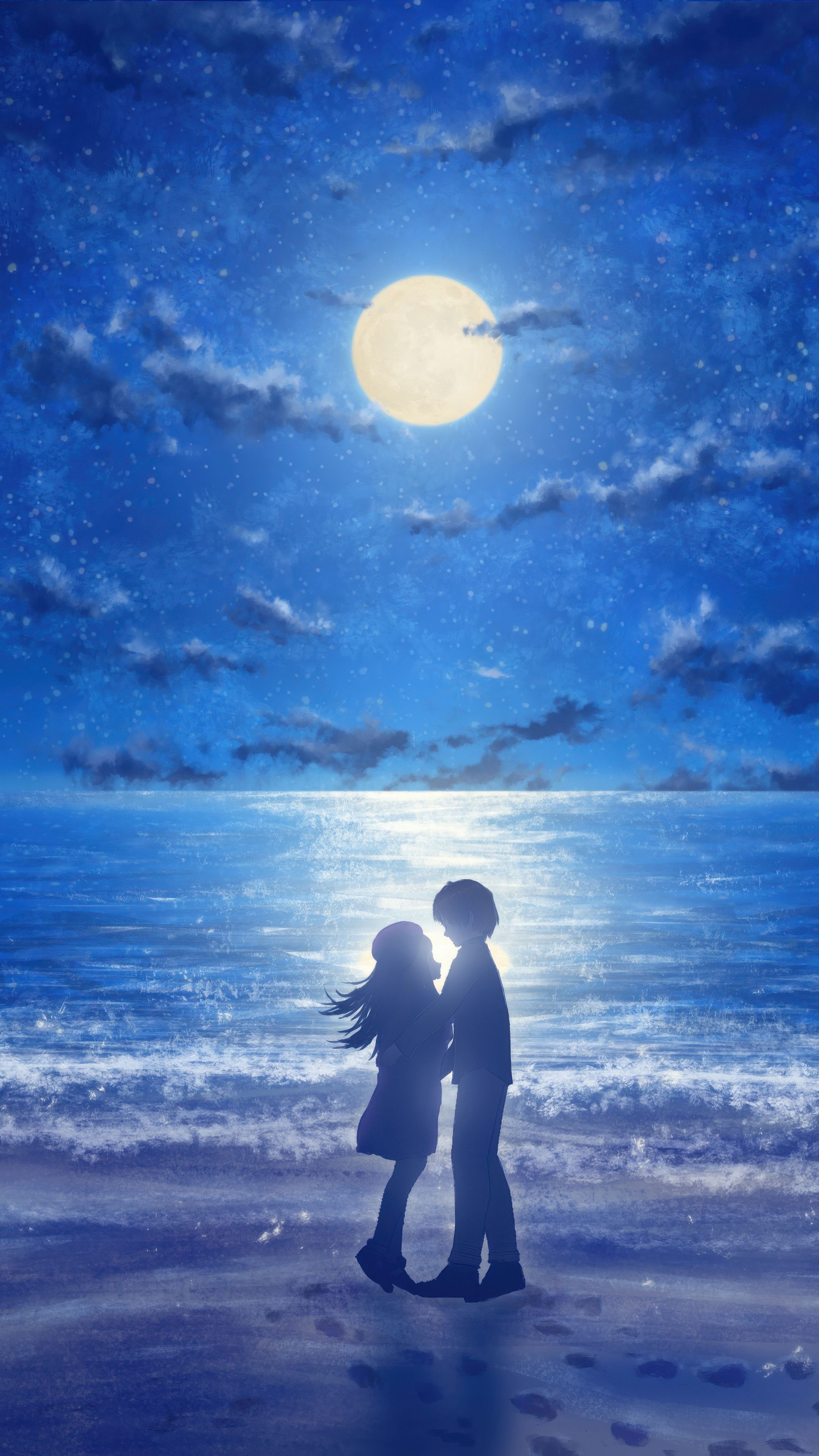 2160x3840 Couple Silhouette On Beach Under Full Moon Sony Xperia X, XZ, Z5 Premium , HD 4k Wallpaper, Image, Background, Photos and Picture