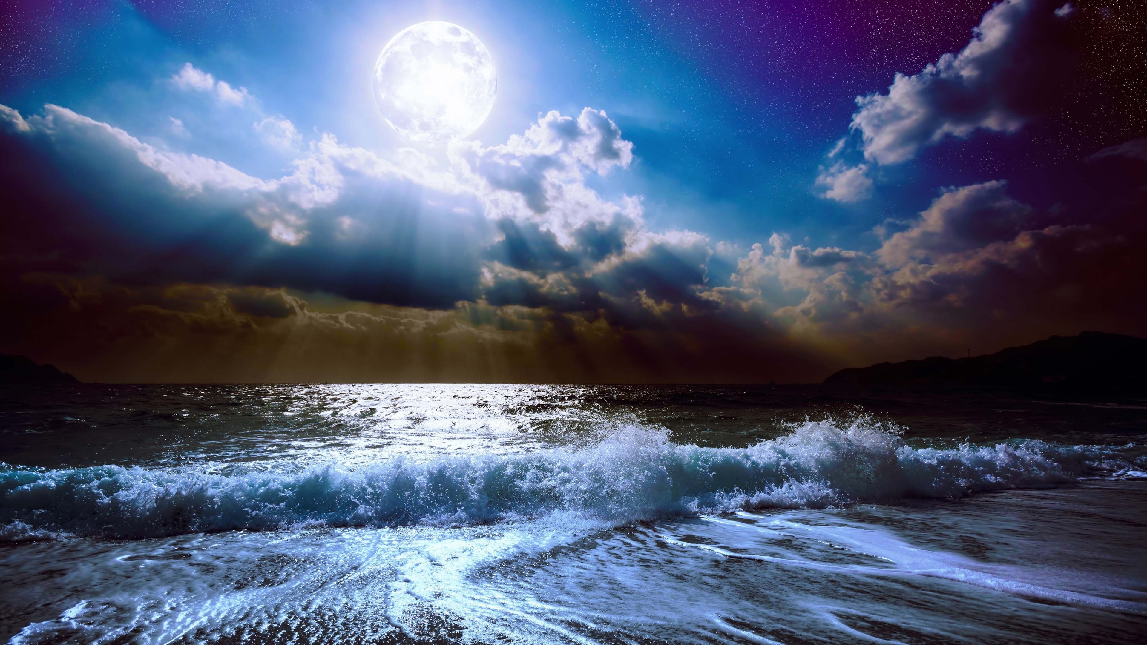 3840x2160 Beautiful Beach Waves Under Shadow Moon White Cloudy Sky 4K HD Sky Wallpaper