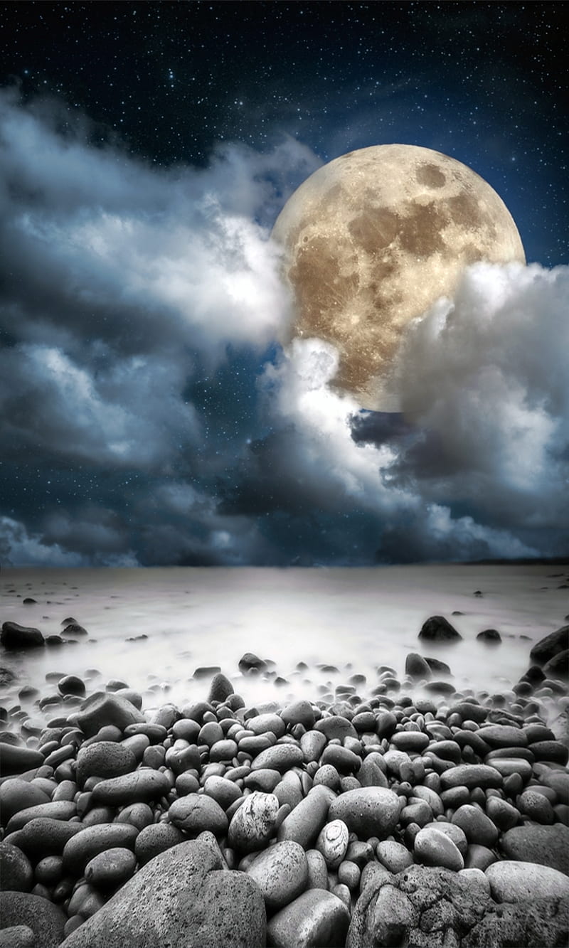 800x1333 Moonlight, beach, full, moon, night, stones, HD phone wallpaper