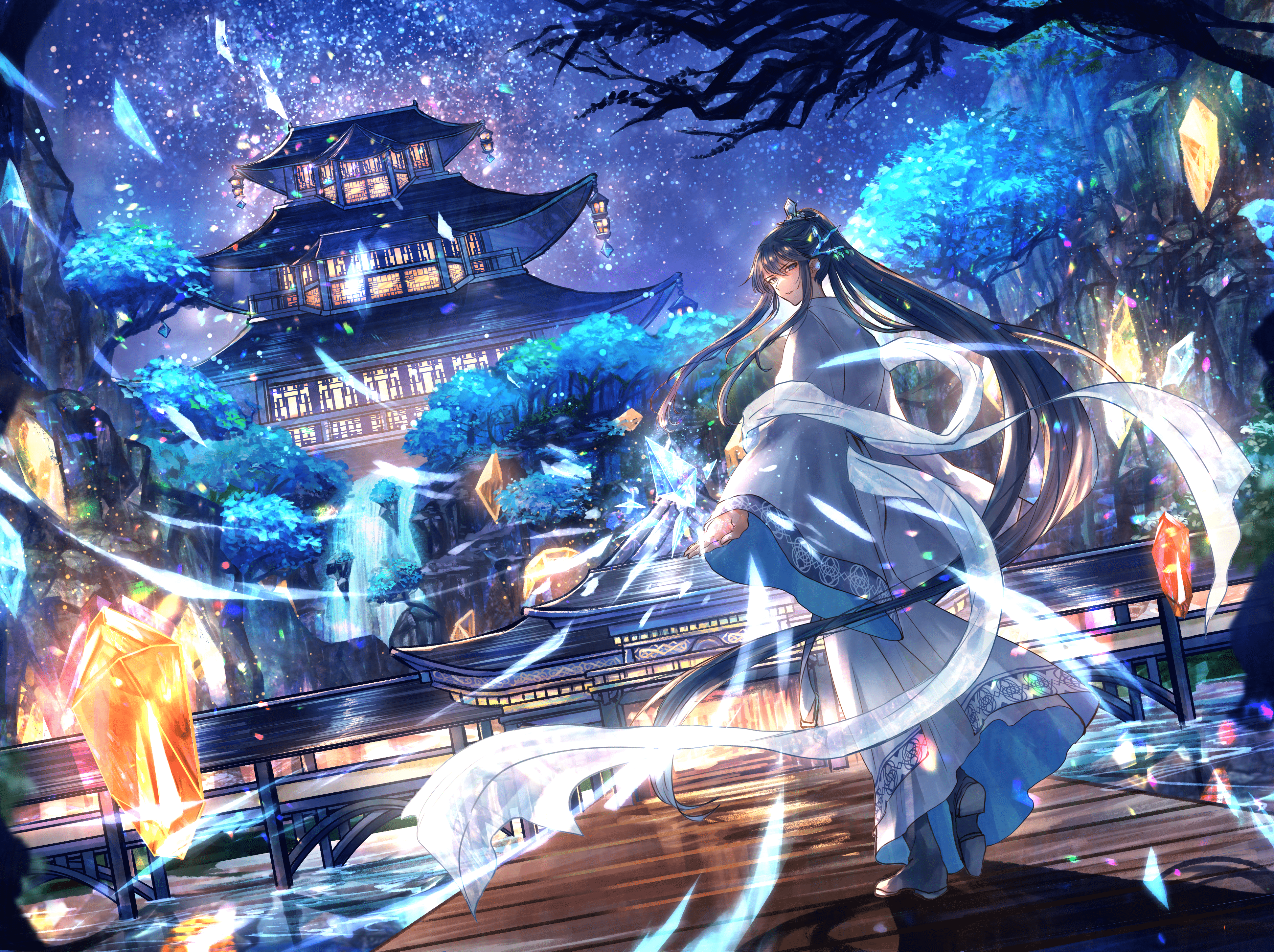 3878x2898 4K Ultra HD Anime Boy with Flowing Long Hair in Mystical Nightscape by くろx2898