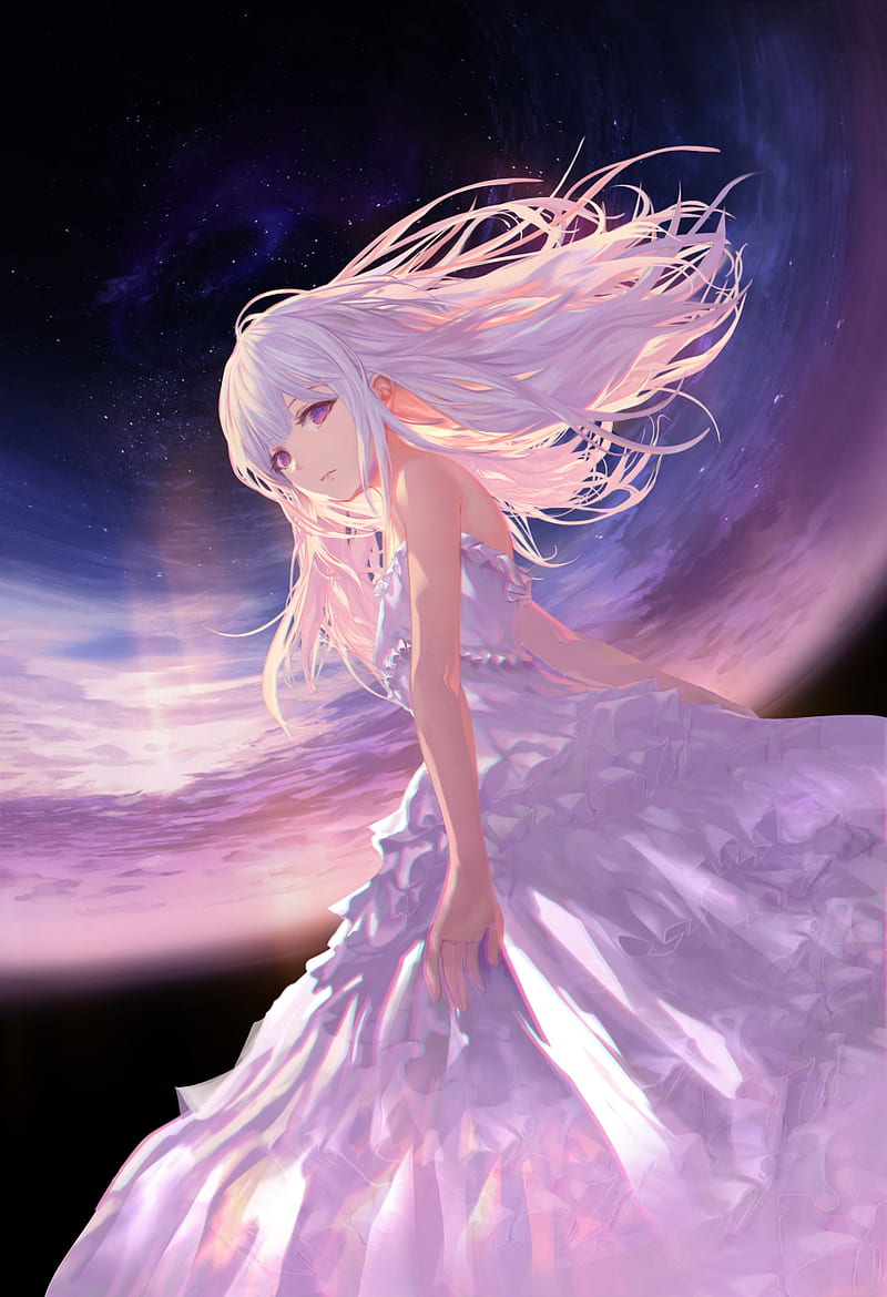 800x1170 Anime, anime girls, dress, long hair, white hair, purple eyes, white dress, sky, HD phone wallpaper