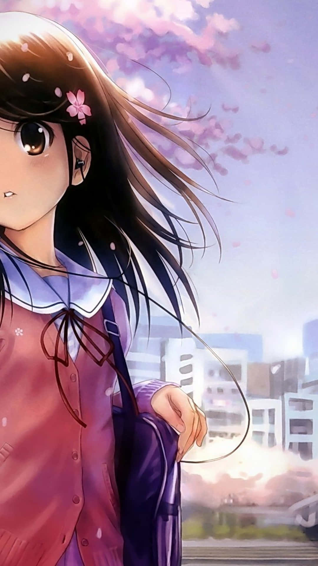 1080x1920 Anime Girl With Long Hair Standing In Front Of A City Wallpaper