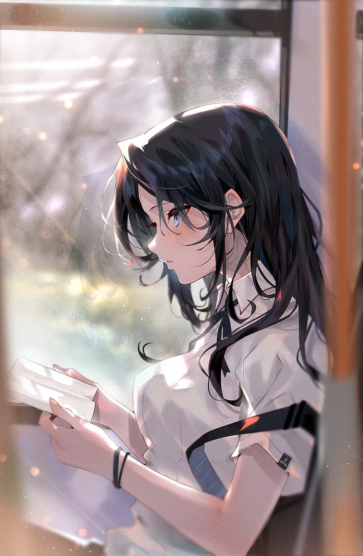728x1115 HD wallpaper: anime, anime girls, original characters, dark hair, black hair