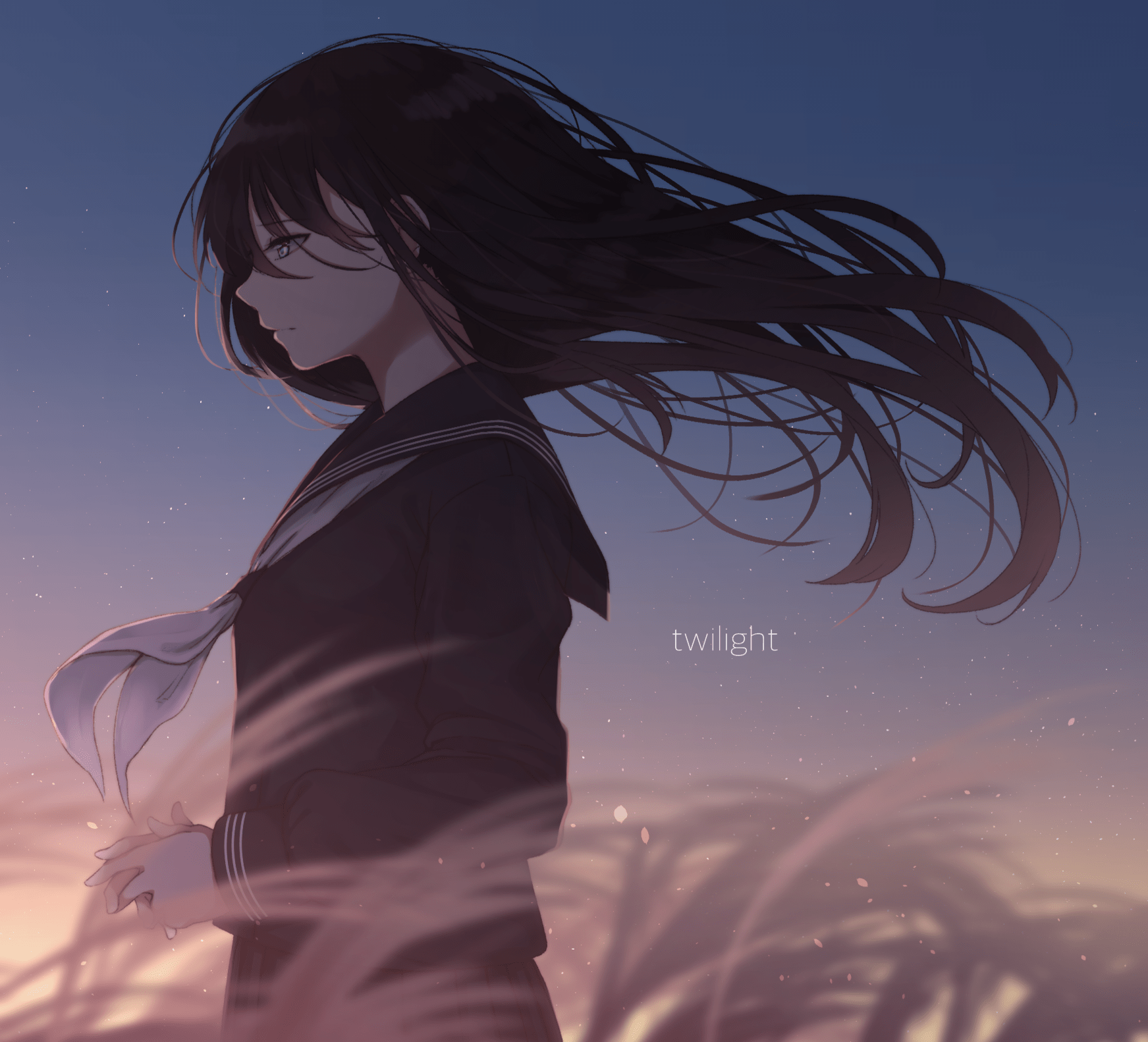1743x1583 Twilight Breeze: Anime Girl with Blue Eyes in School Uniform under the Sky by サイトーx1583