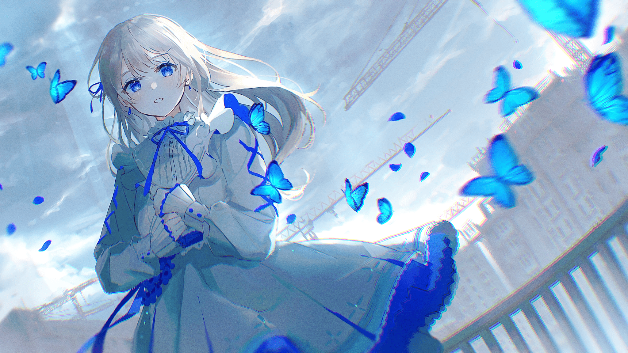 2048x1152 Long Hair Anime Girl Blue Wallpaper
