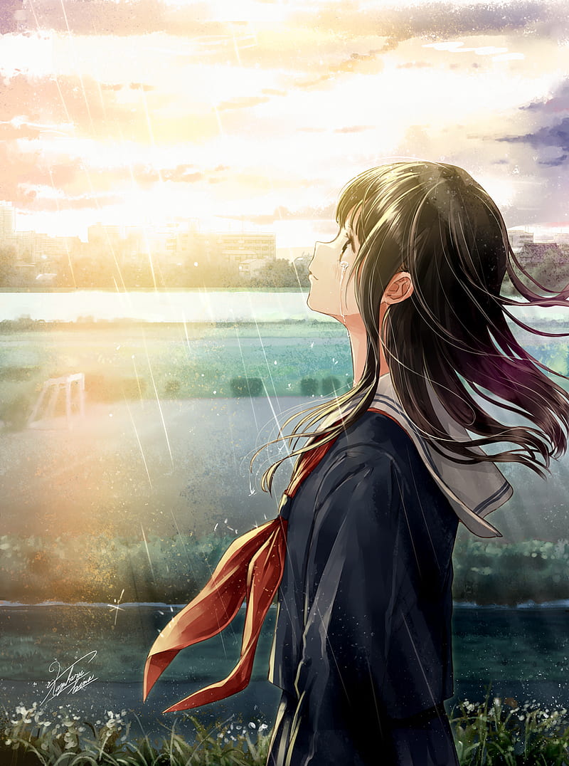 800x1076 Anime, anime girls, black hair, original characters, school uniform, rain, crying, HD phone wallpaper