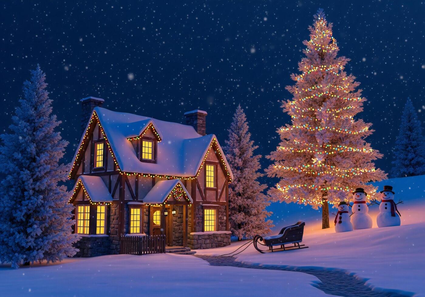 1400x980 Christmas background, Christmas wallpaper, Snowy winter night with a cozy illuminated cottage decorated Christmas tree and snowmen