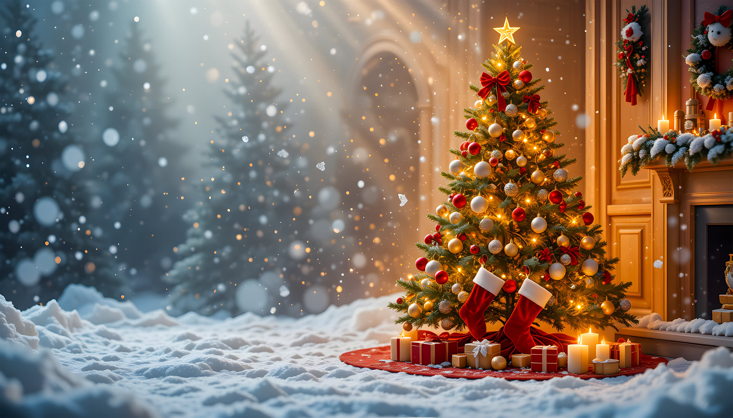 2500x1428 Festive Christmas Day Background With Glowing Tree And Cozy Holiday Elements Photo And Picture For Free Download